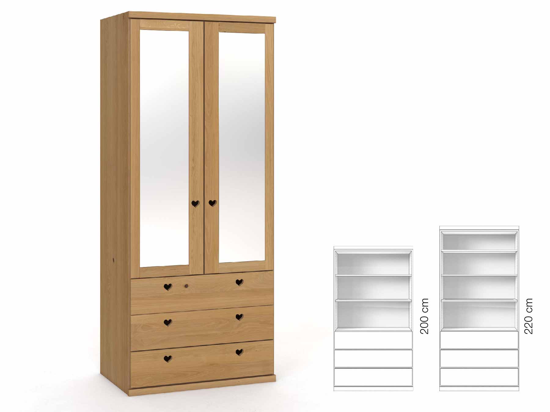 Eichenschrank Hell „Sandra“, 2-türig, Höhe 220 cm, Griffausführung „Heidi“, Inneneinrichtung: E