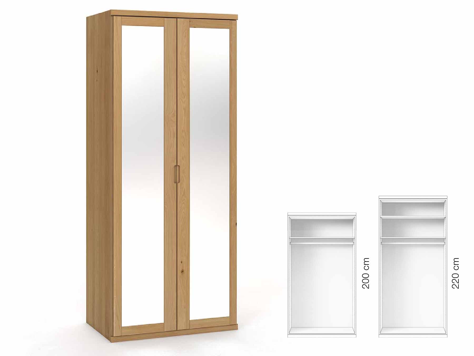 Eichenschrank Hell „Sandra“, 2-türig, Höhe 220 cm, Griffausführung „Lukas“, Inneneinrichtung: A