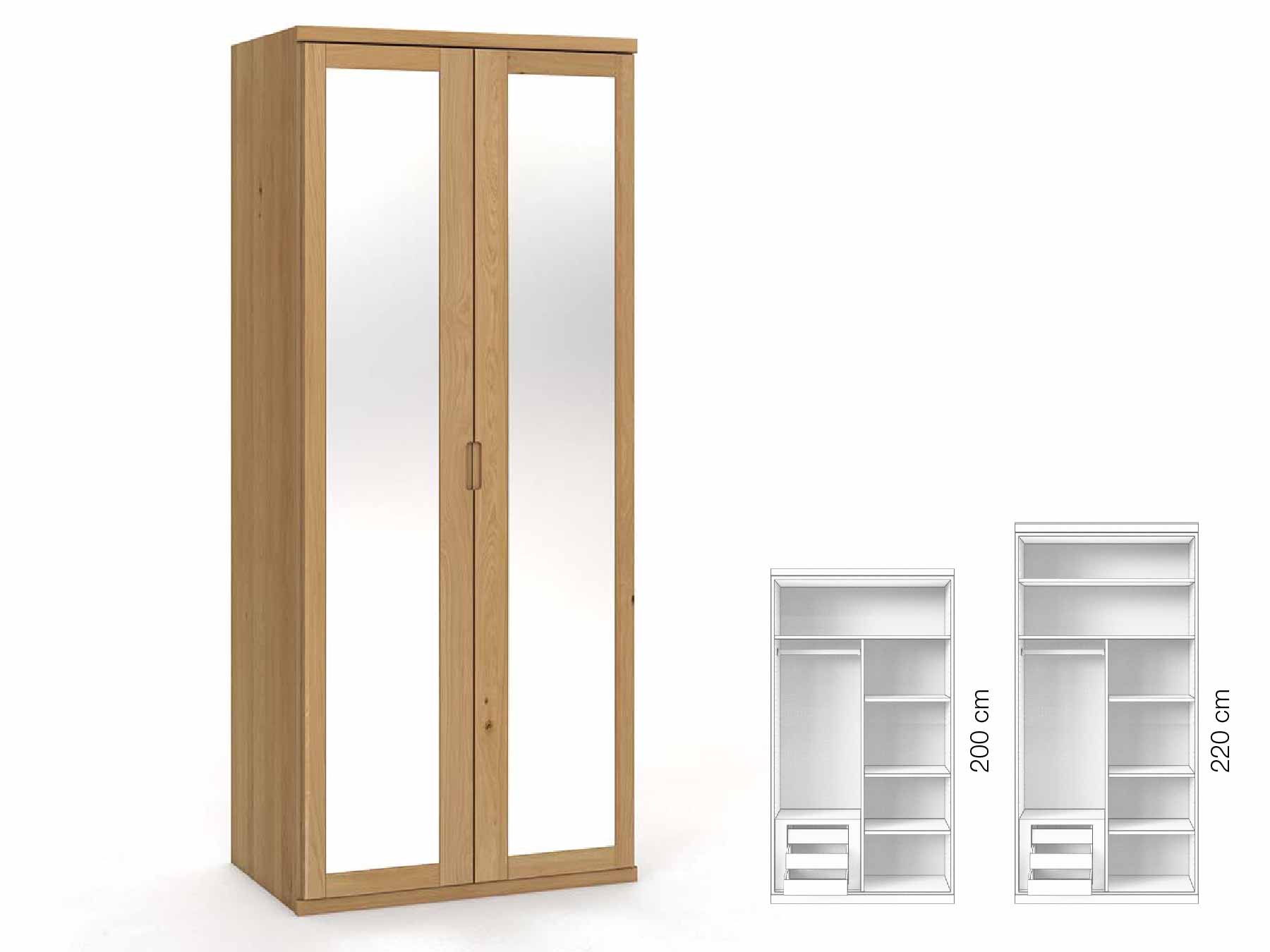 Eichenschrank Hell „Sandra“, 2-türig, Höhe 220 cm, Griffausführung „Lukas“, Inneneinrichtung: C