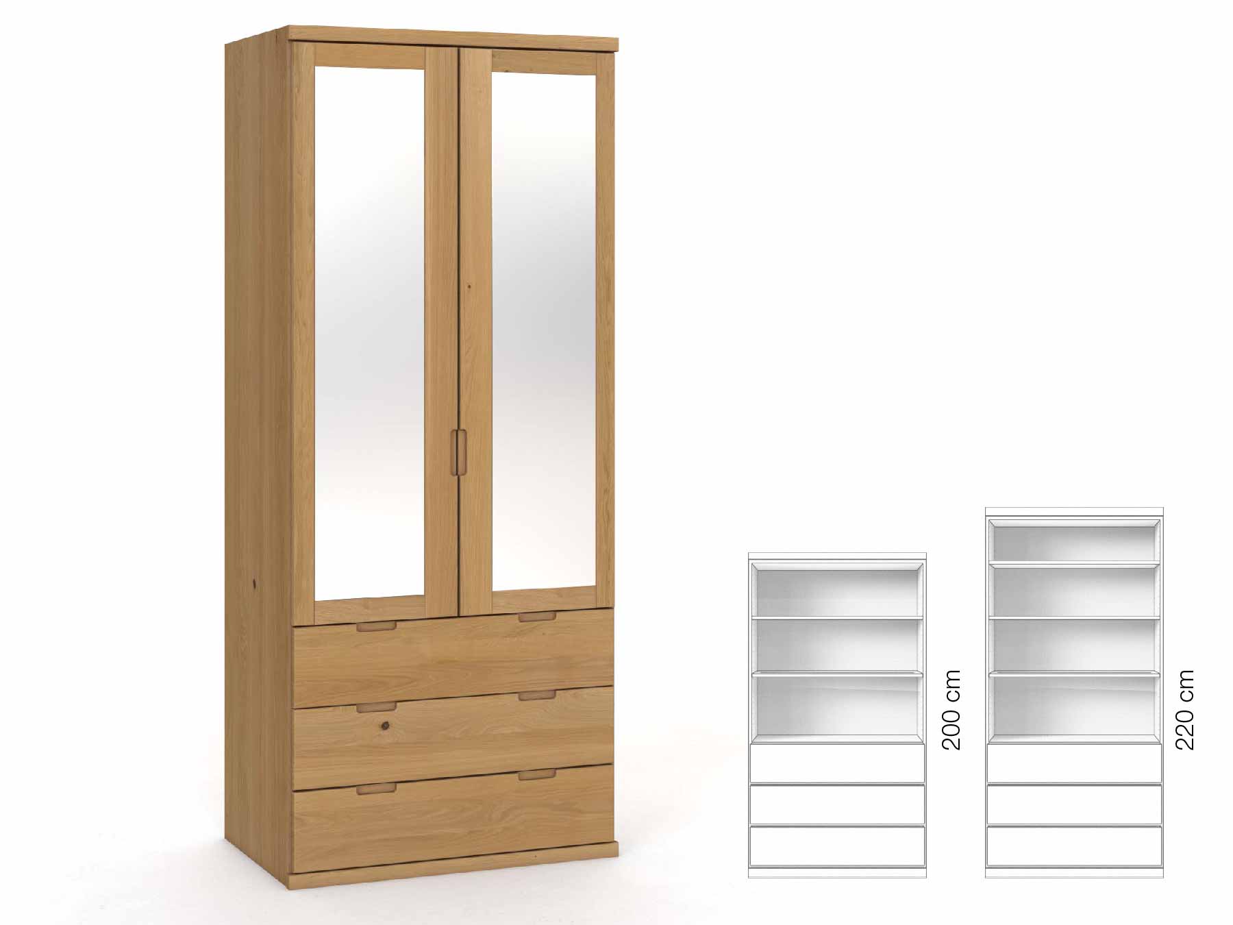 Eichenschrank Hell „Sandra“, 2-türig, Höhe 220 cm, Griffausführung „Lukas“, Inneneinrichtung: E