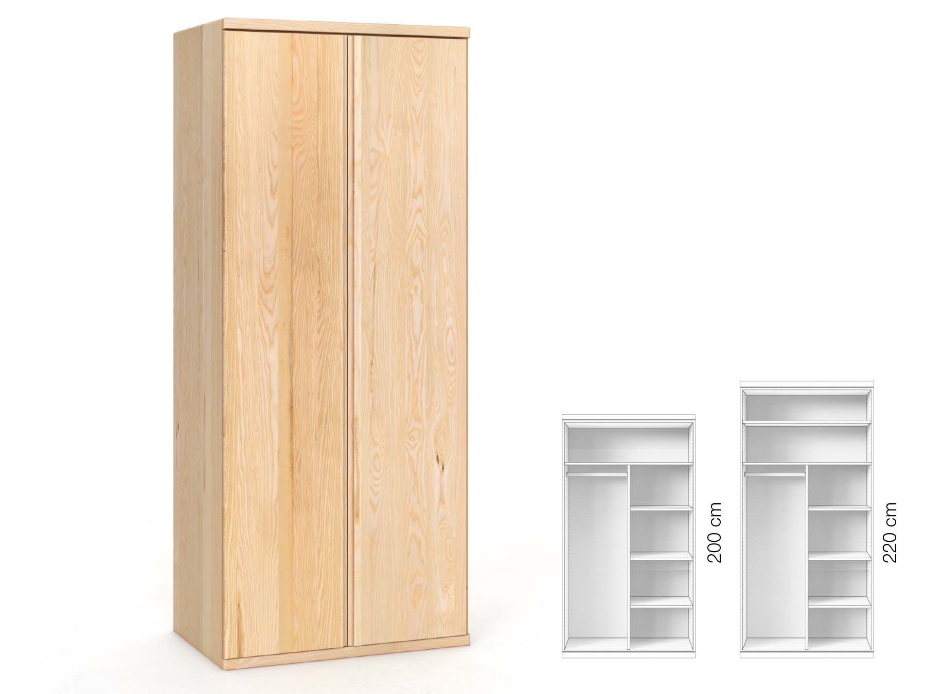 Eschenschrank „Valentin“, 2-türig, Höhe 220 cm, Griffausführung „Patrizia“, Inneneinrichtung: B