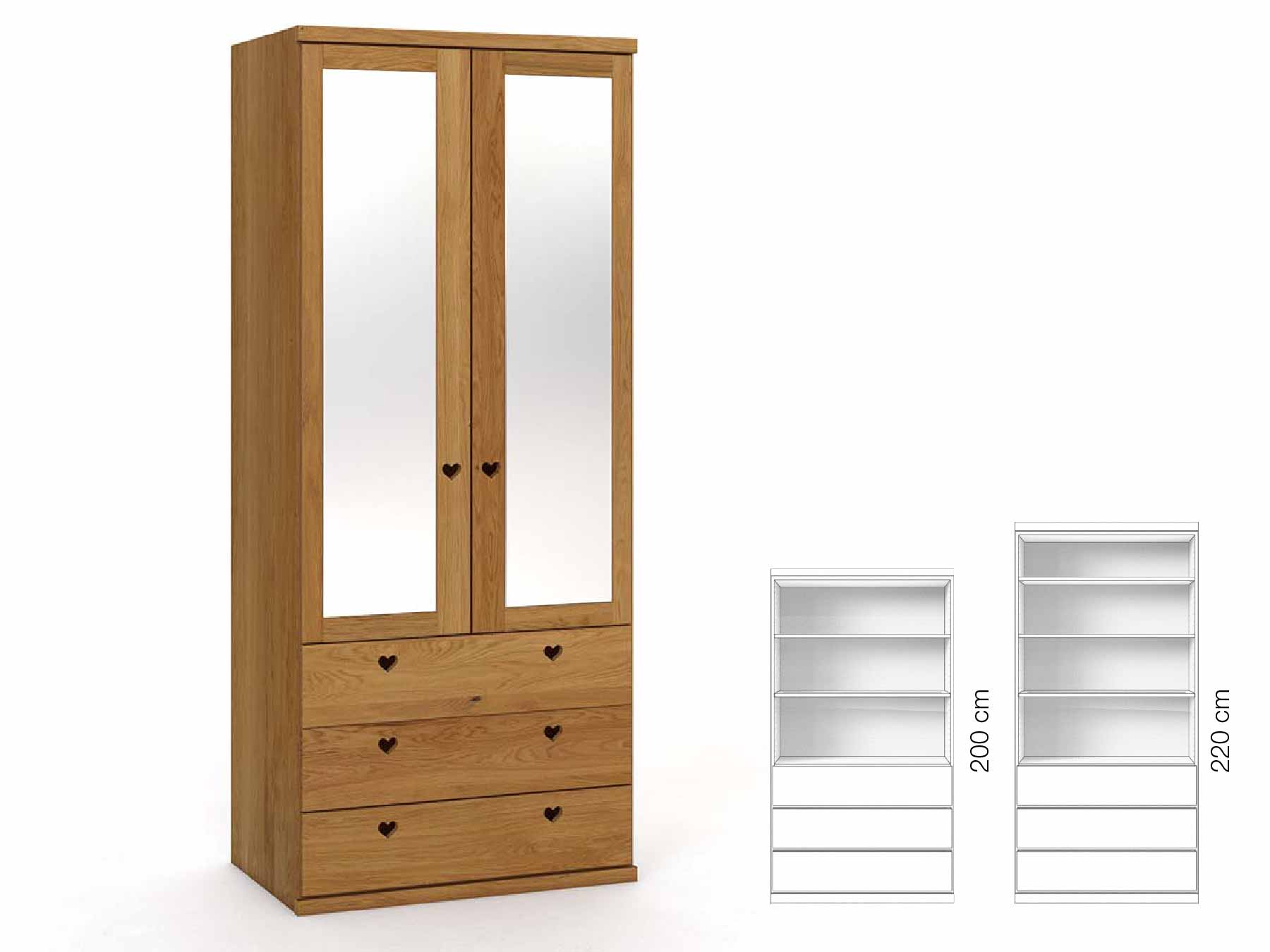 Eichenschrank „Sandra“, 2-türig, Höhe 220 cm, Griffausführung „Heidi“, Inneneinrichtung: E