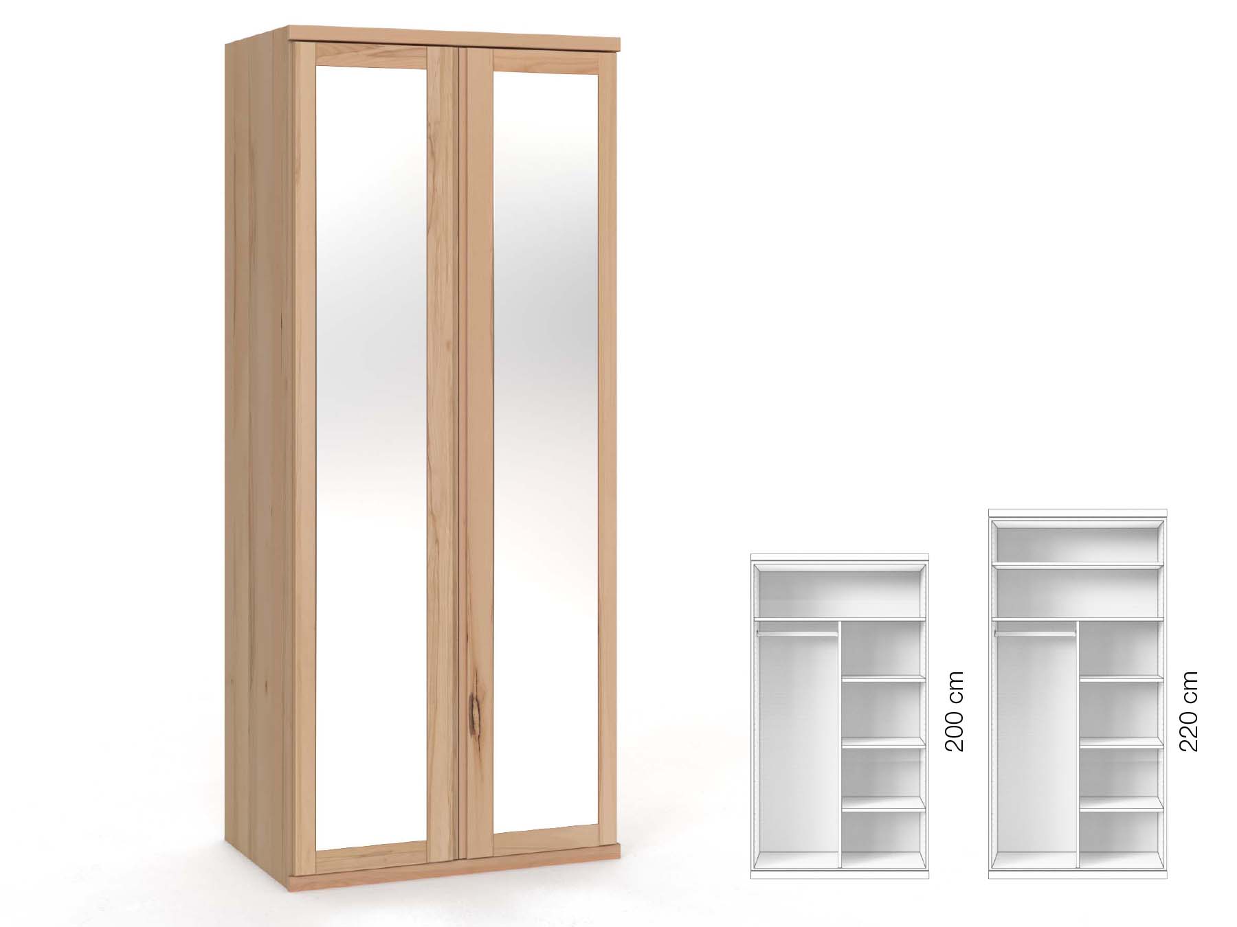 Buchenschrank „Sandra“, 2-türig, Höhe 220 cm, Griffausführung „Patrizia“, Inneneinrichtung: B