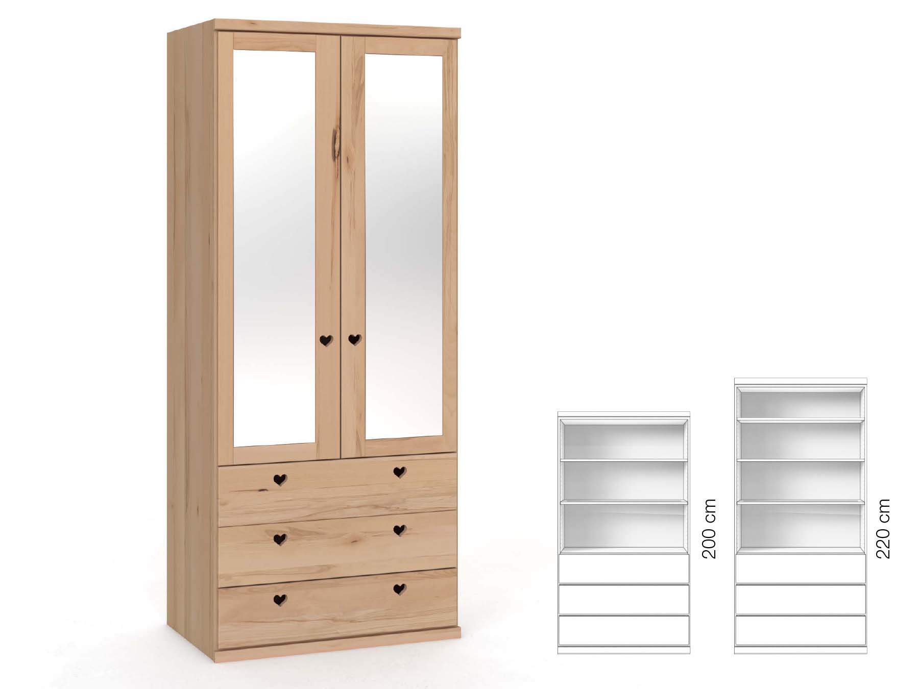 Buchenschrank „Sandra“, 2-türig, Höhe 220 cm, Griffausführung „Heidi“, Inneneinrichtung: E