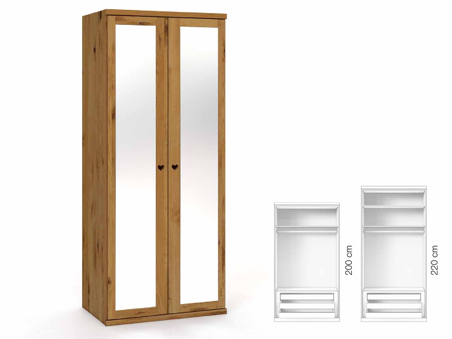 Wildeichenschrank „Sandra“, 2-türig, Höhe 220 cm, Griffausführung „Heidi“, Inneneinrichtung: D