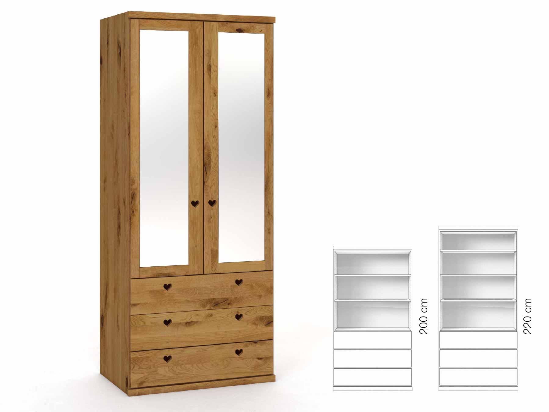 Wildeichenschrank „Sandra“, 2-türig, Höhe 220 cm, Griffausführung „Heidi“, Inneneinrichtung: E