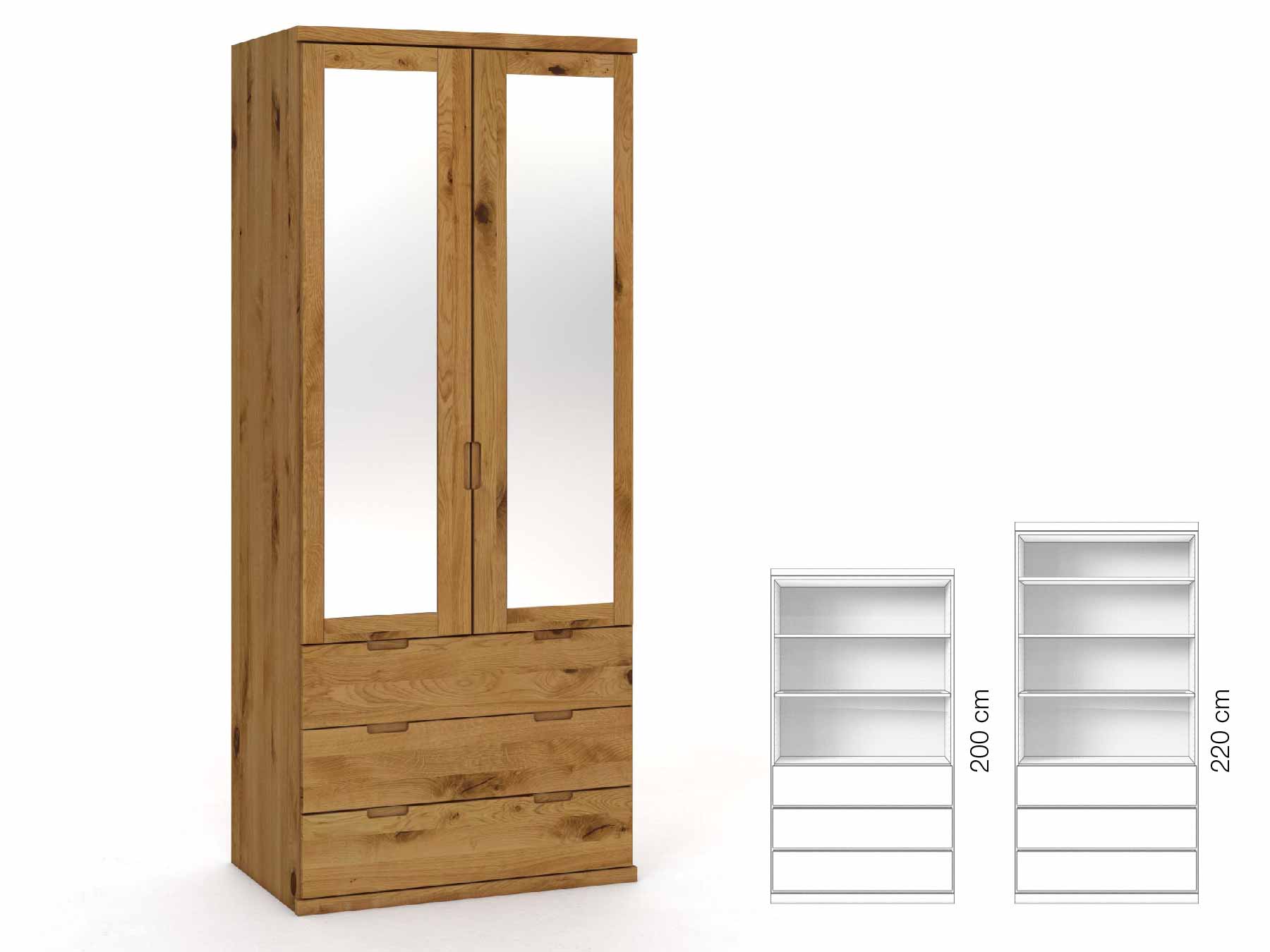 Wildeichenschrank „Sandra“, 2-türig, Höhe 220 cm, Griffausführung „Lukas“, Inneneinrichtung: E