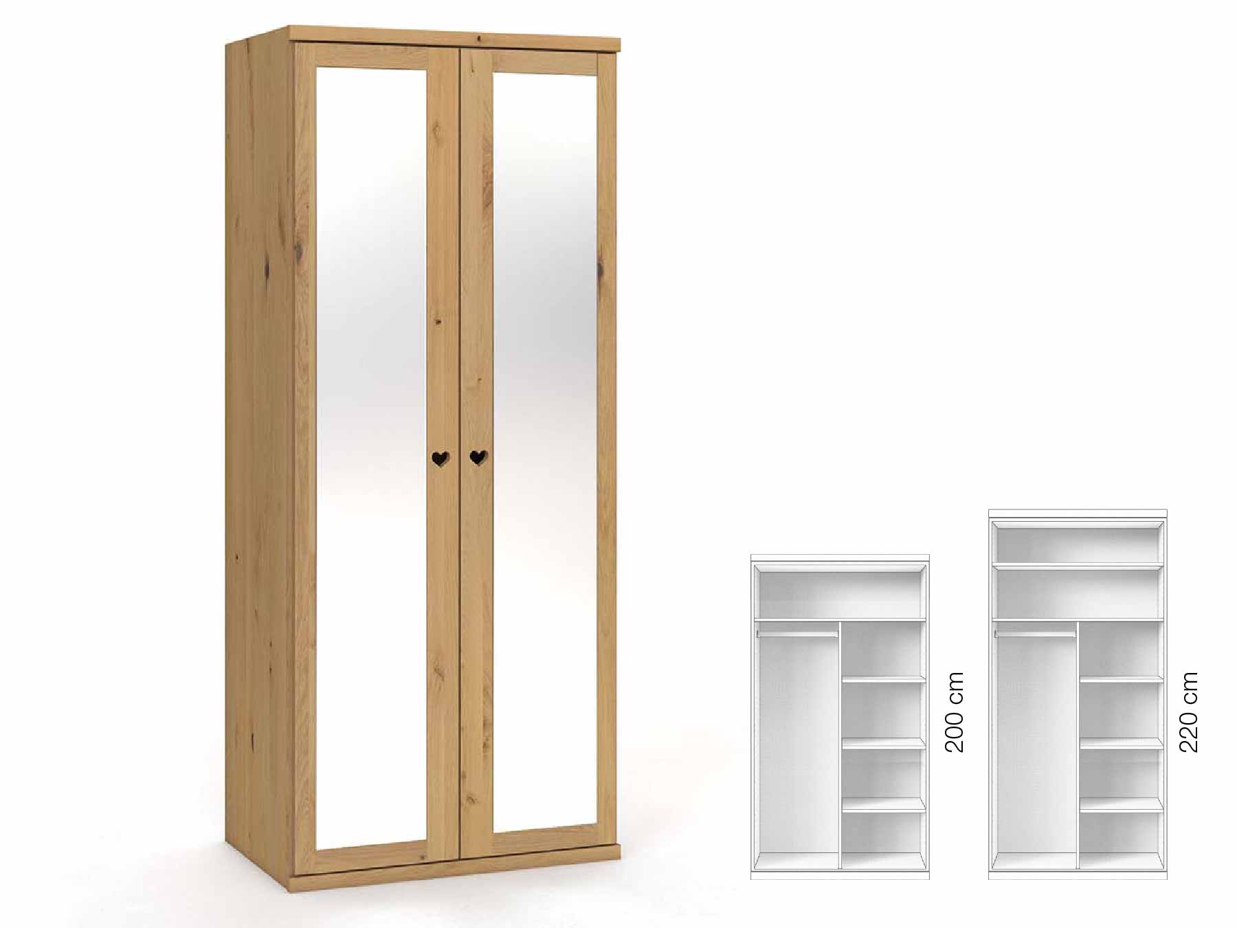 Wildeichenschrank Hell „Sandra“, 2-türig, Höhe 220 cm, Griffausführung „Heidi“, Inneneinrichtung: B