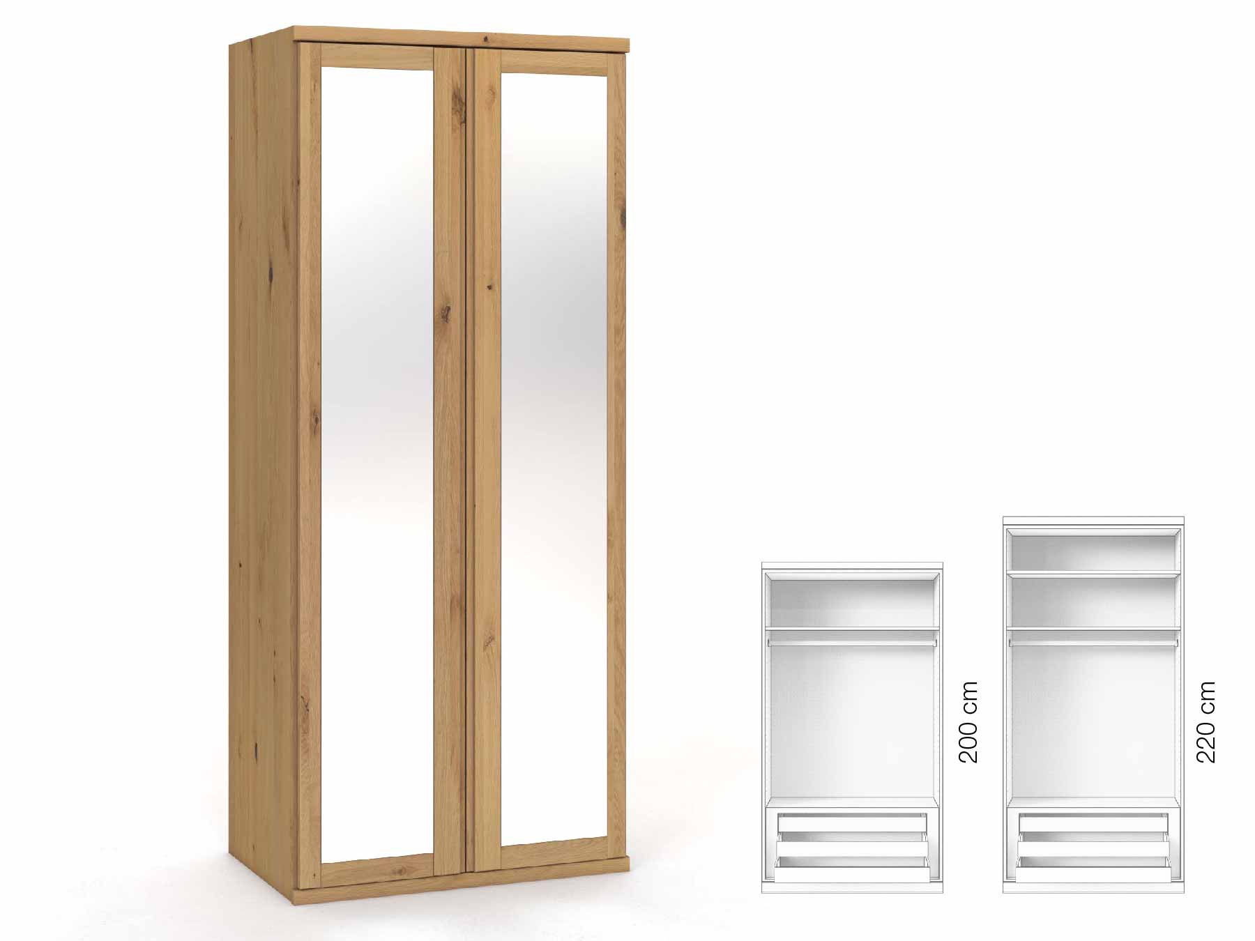 Wildeichenschrank Hell „Sandra“, 2-türig, Höhe 220 cm, Griffausführung „Patrizia“, Inneneinrichtung: D