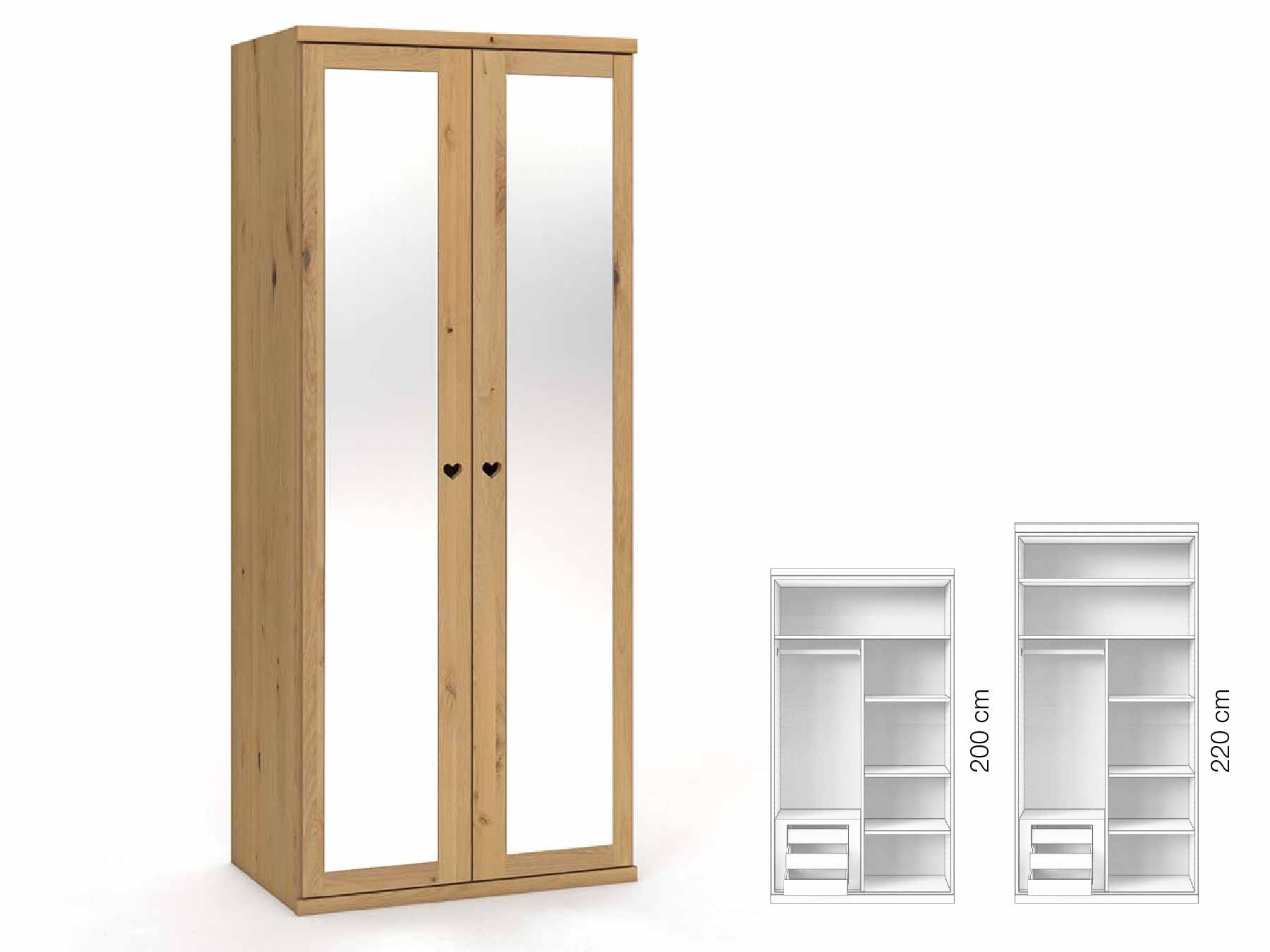 Wildeichenschrank Hell „Sandra“, 2-türig, Höhe 220 cm, Griffausführung „Heidi“, Inneneinrichtung: C