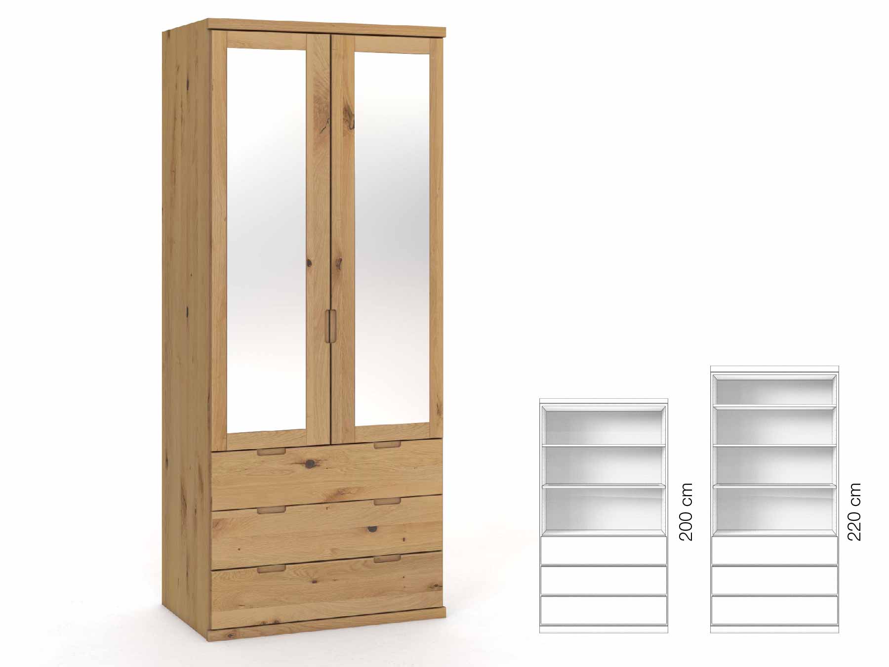Wildeichenschrank Hell „Sandra“, 2-türig, Höhe 220 cm, Griffausführung „Lukas“, Inneneinrichtung: E