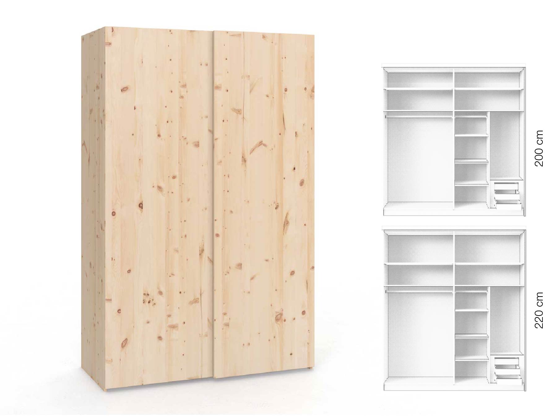 Zirbenschrank „Ludwig", 2-türig, Höhe 220 cm, Inneneinrichtung: C, Grifflos