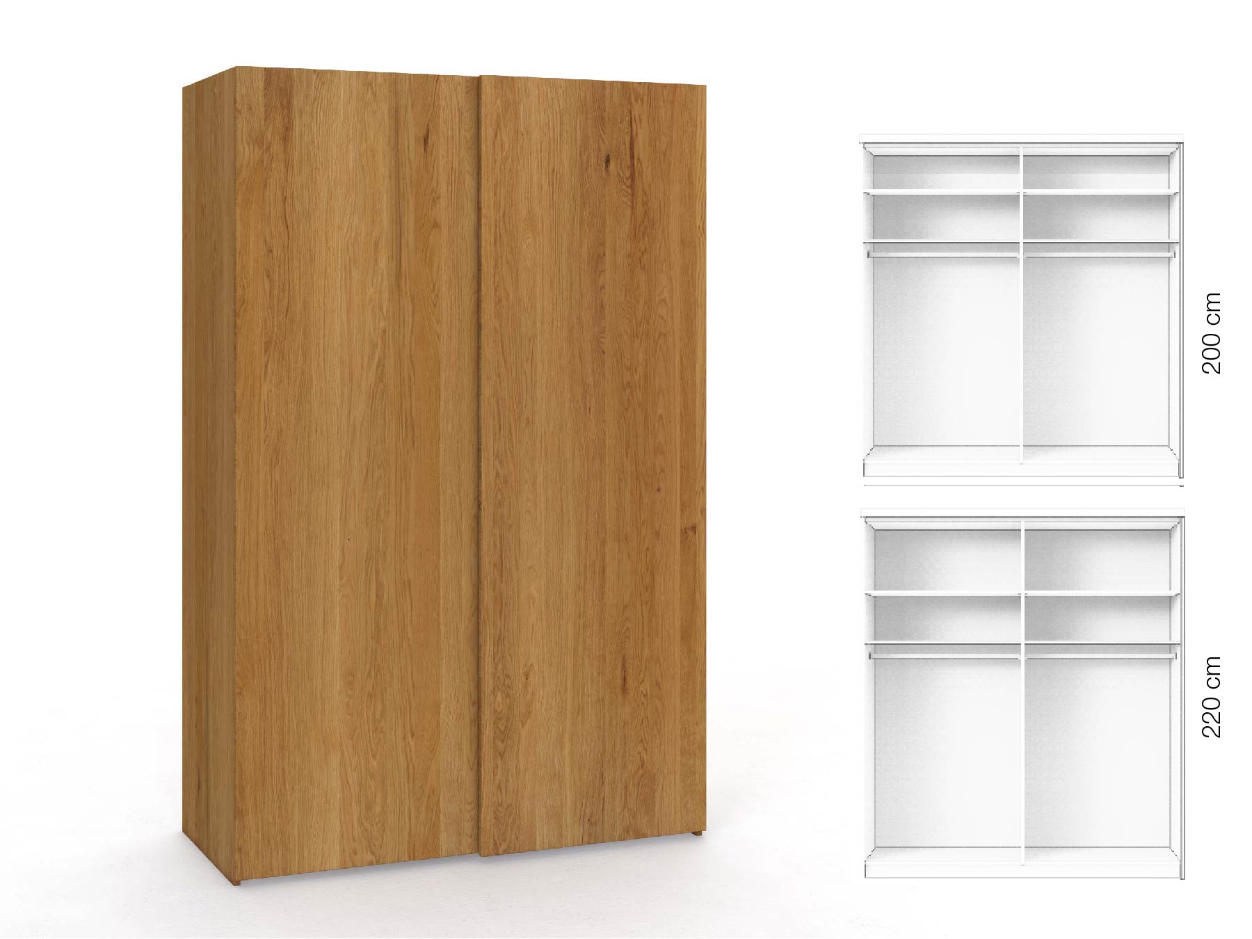 Eichenschrank „Ludwig", 2-türig, Höhe 220 cm, Inneneinrichtung: A, Grifflos