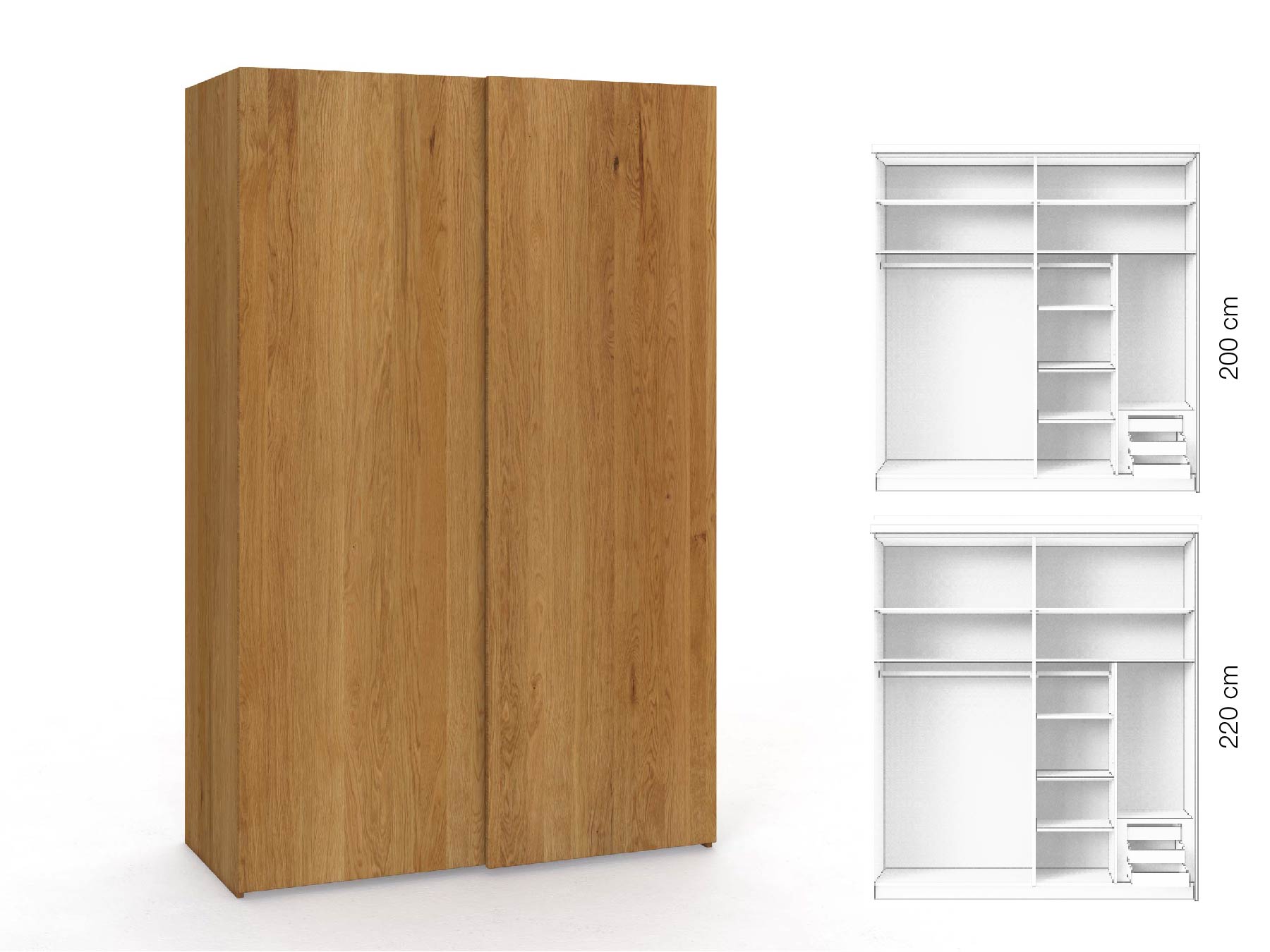 Eichenschrank „Ludwig", 2-türig, Höhe 220 cm, Inneneinrichtung: C, Grifflos