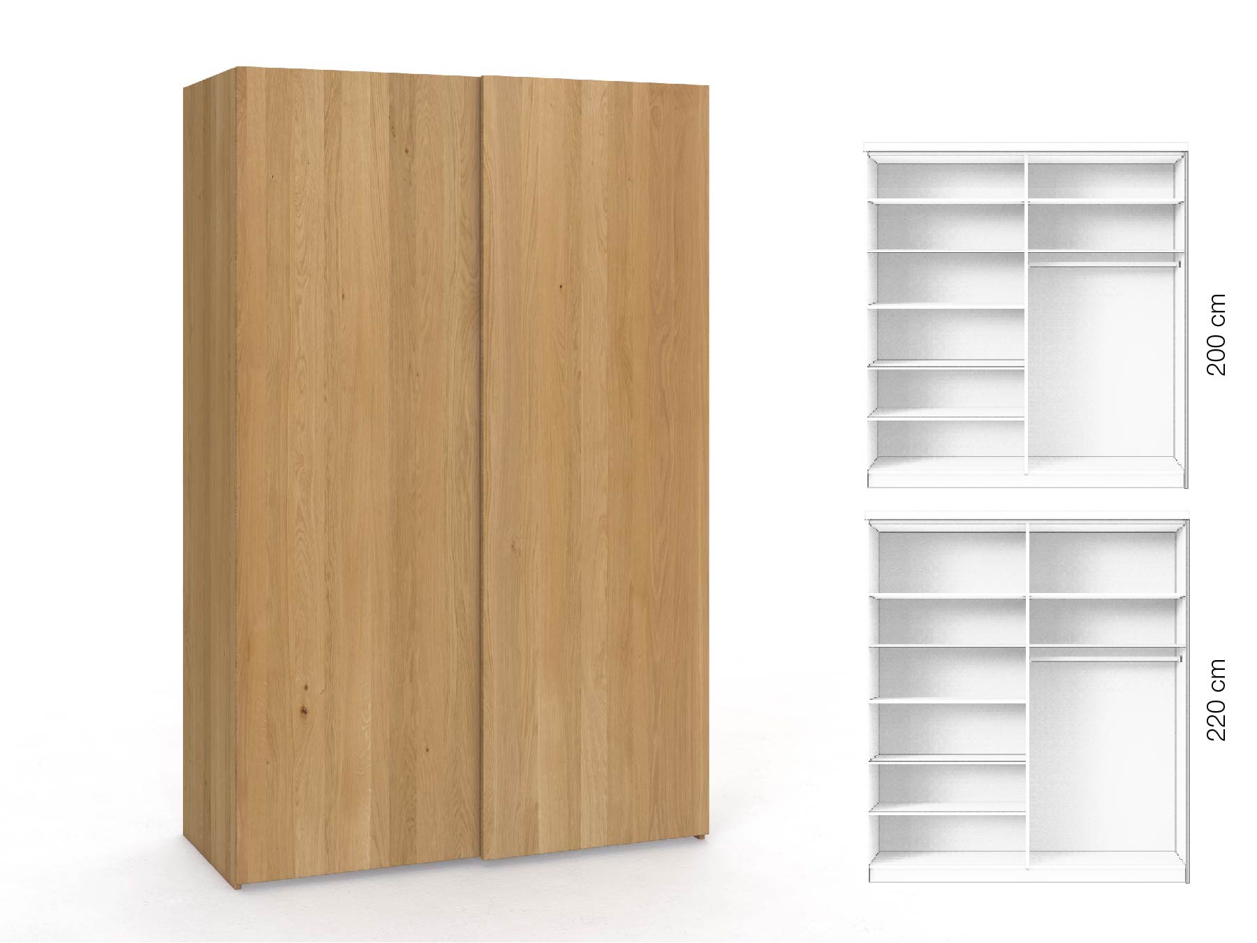 Eichenschrank Hell „Ludwig", 2-türig, Höhe 220 cm, Inneneinrichtung: B, Grifflos
