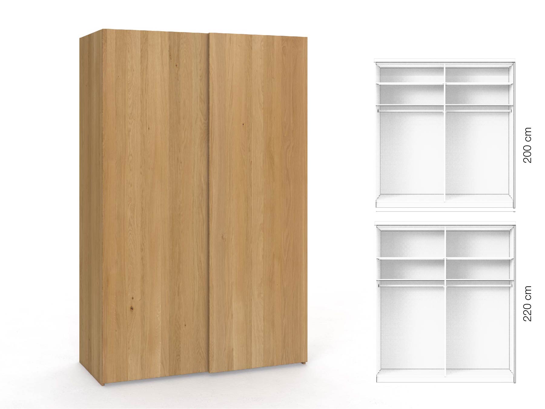 Eichenschrank Hell „Ludwig", 2-türig, Höhe 220 cm, Inneneinrichtung: A, Grifflos