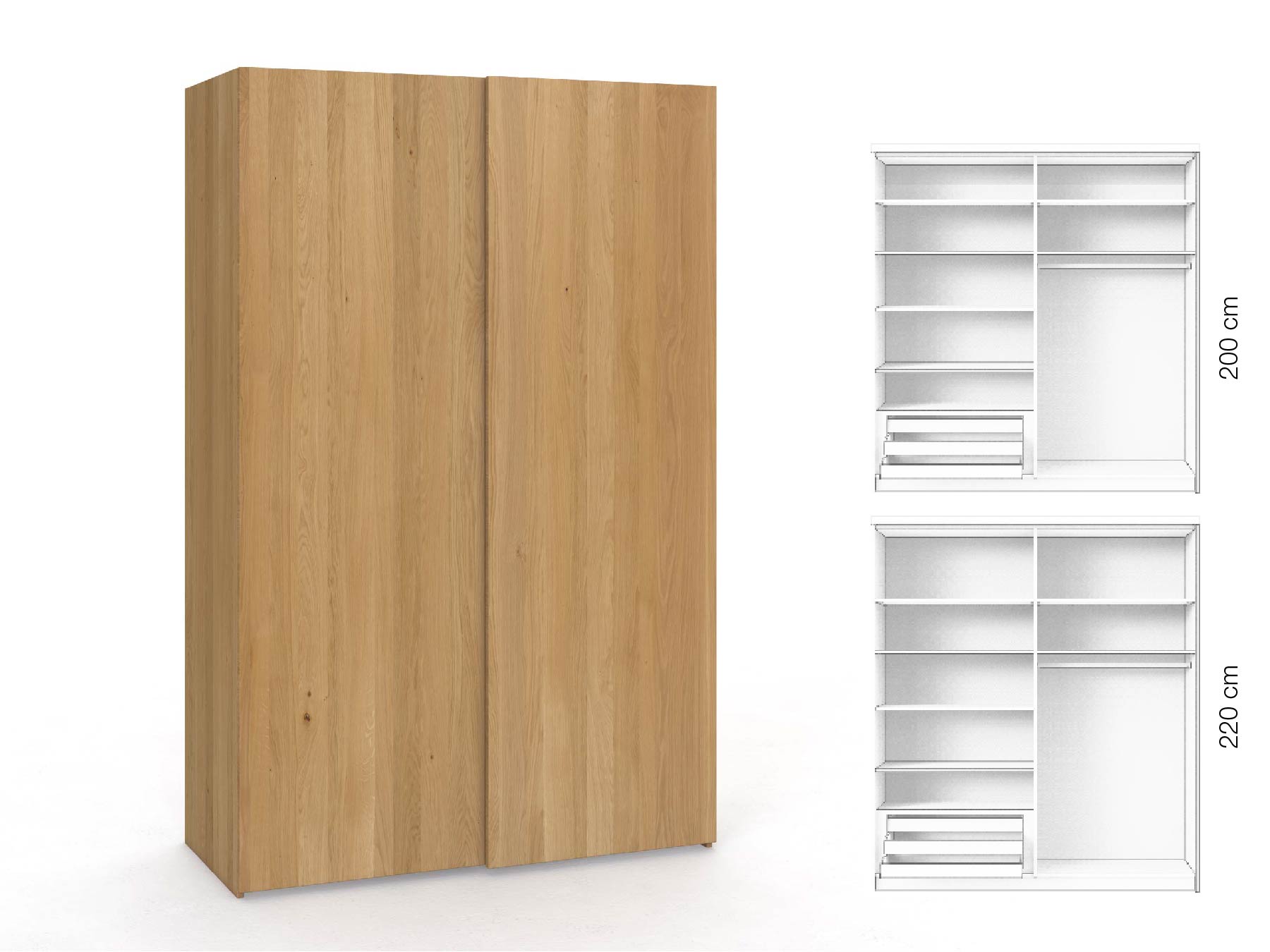 Eichenschrank Hell „Ludwig", 2-türig, Höhe 220 cm, Inneneinrichtung: D, Grifflos