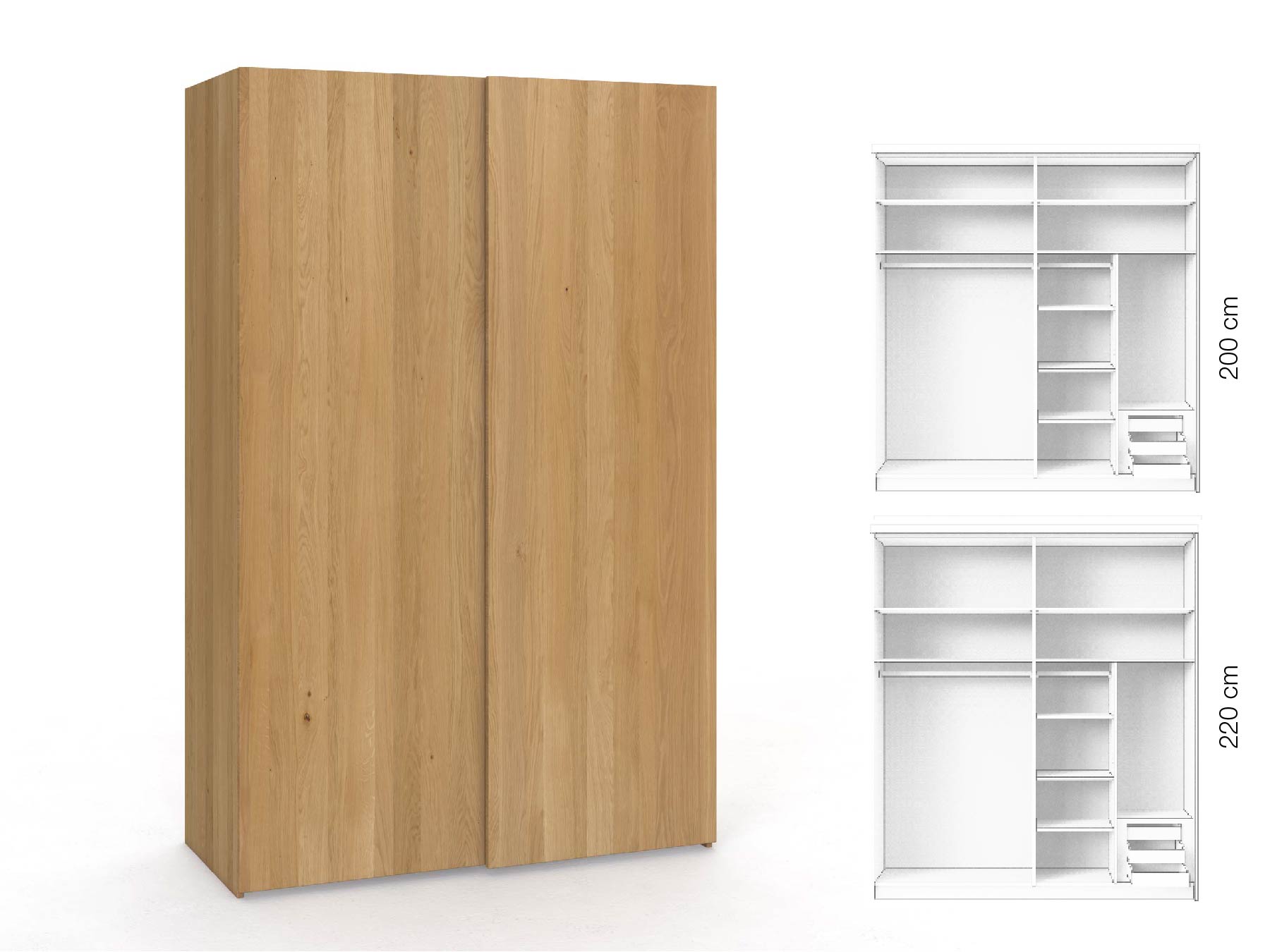 Eichenschrank Hell „Ludwig", 2-türig, Höhe 220 cm, Inneneinrichtung: C, Grifflos