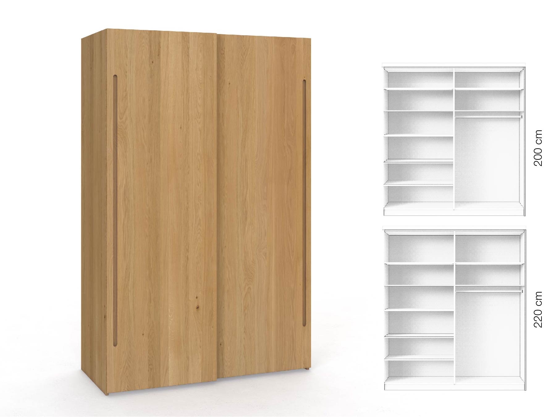 Eichenschrank Hell „Ludwig", 2-türig, Höhe 220 cm, Inneneinrichtung: B, Griff C
