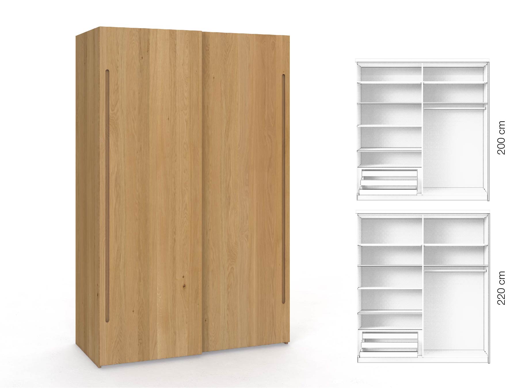 Eichenschrank Hell „Ludwig", 2-türig, Höhe 220 cm, Inneneinrichtung: D, Griff C