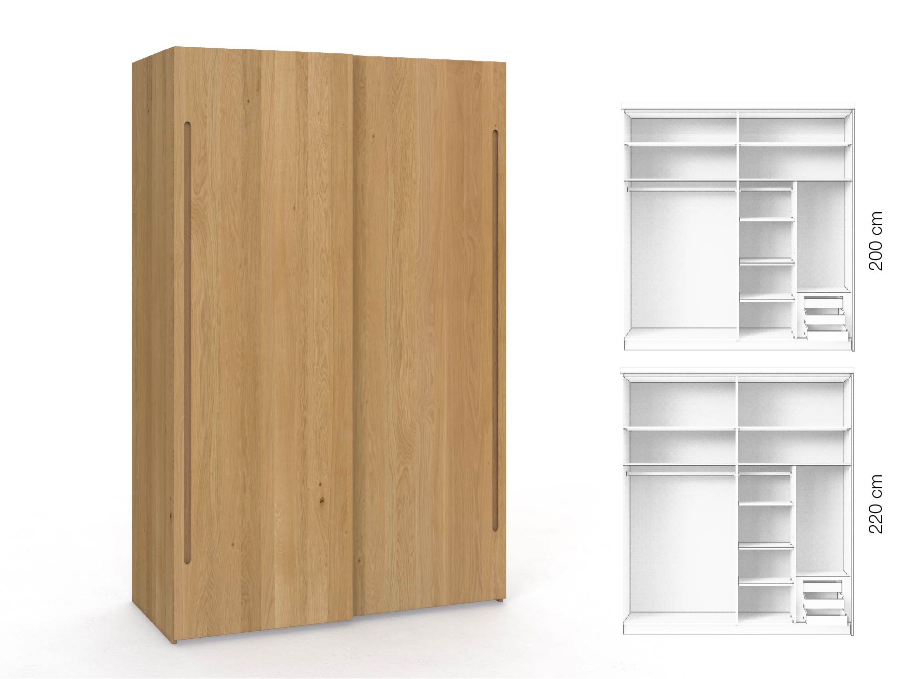Eichenschrank Hell „Ludwig", 2-türig, Höhe 220 cm, Inneneinrichtung: C, Griff C
