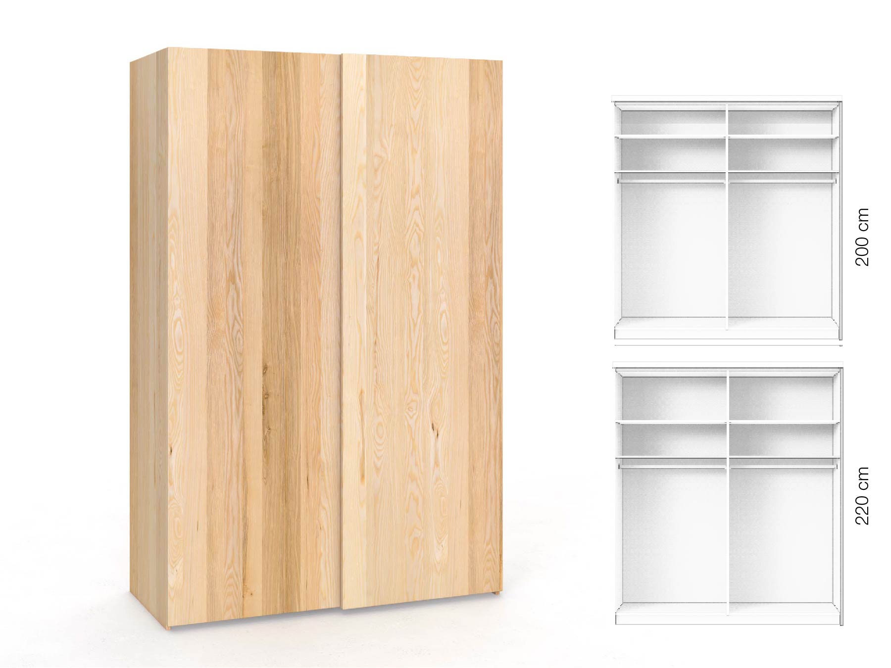 Eschenschrank „Ludwig", 2-türig, Höhe 220 cm, Inneneinrichtung: A, Grifflos