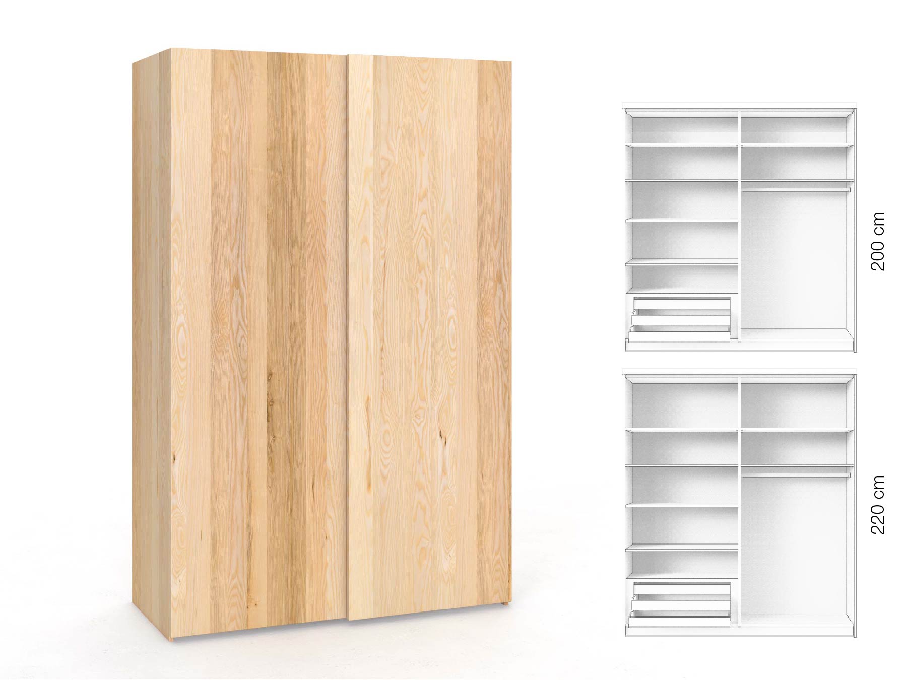 Eschenschrank „Ludwig", 2-türig, Höhe 220 cm, Inneneinrichtung: D, Grifflos