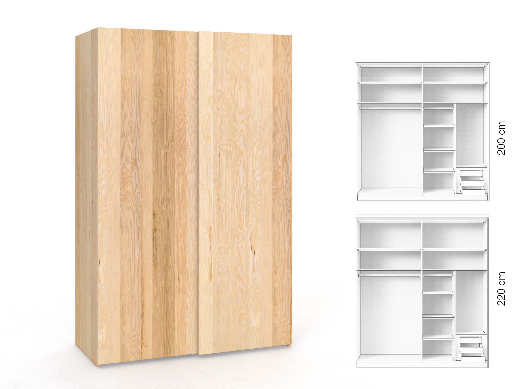 Eschenschrank „Ludwig", 2-türig, Höhe 220 cm, Inneneinrichtung: C, Grifflos