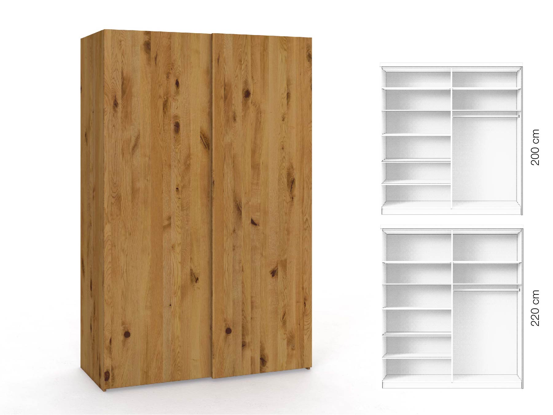 Wildeichenschrank „Ludwig", 2-türig, Höhe 220 cm, Inneneinrichtung: B, Grifflos