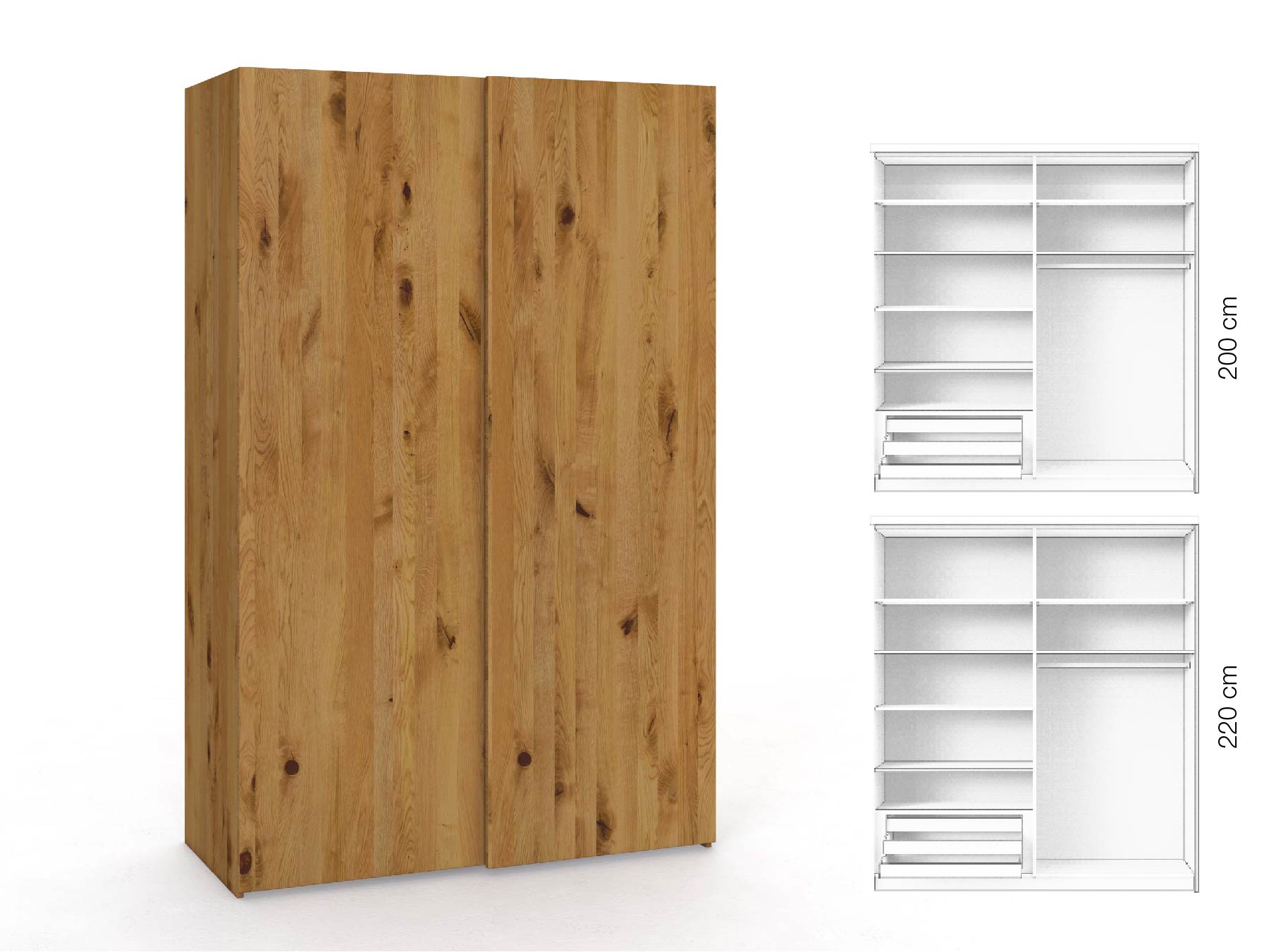 Wildeichenschrank „Ludwig", 2-türig, Höhe 220 cm, Inneneinrichtung: D, Grifflos