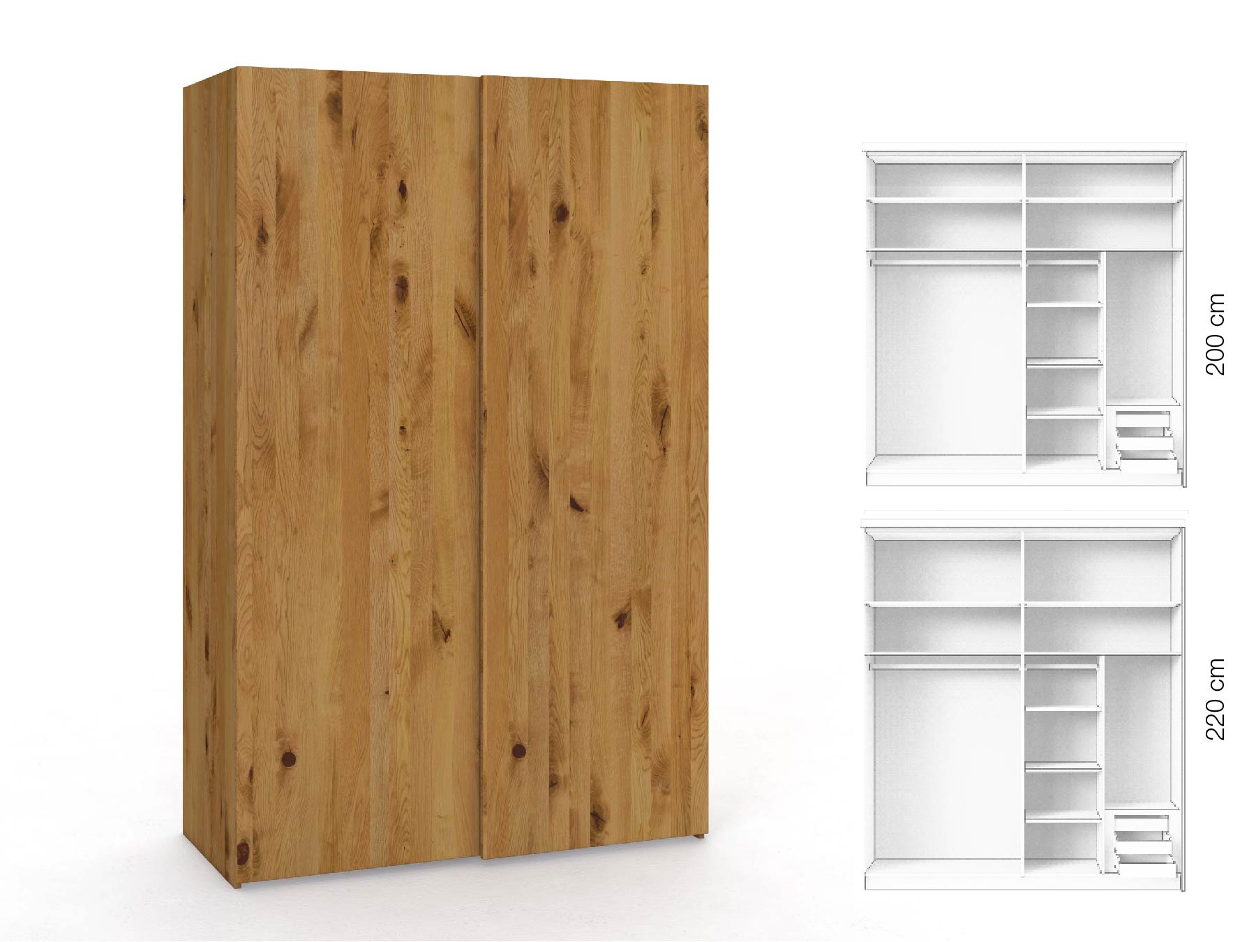 Wildeichenschrank „Ludwig", 2-türig, Höhe 220 cm, Inneneinrichtung: C, Grifflos