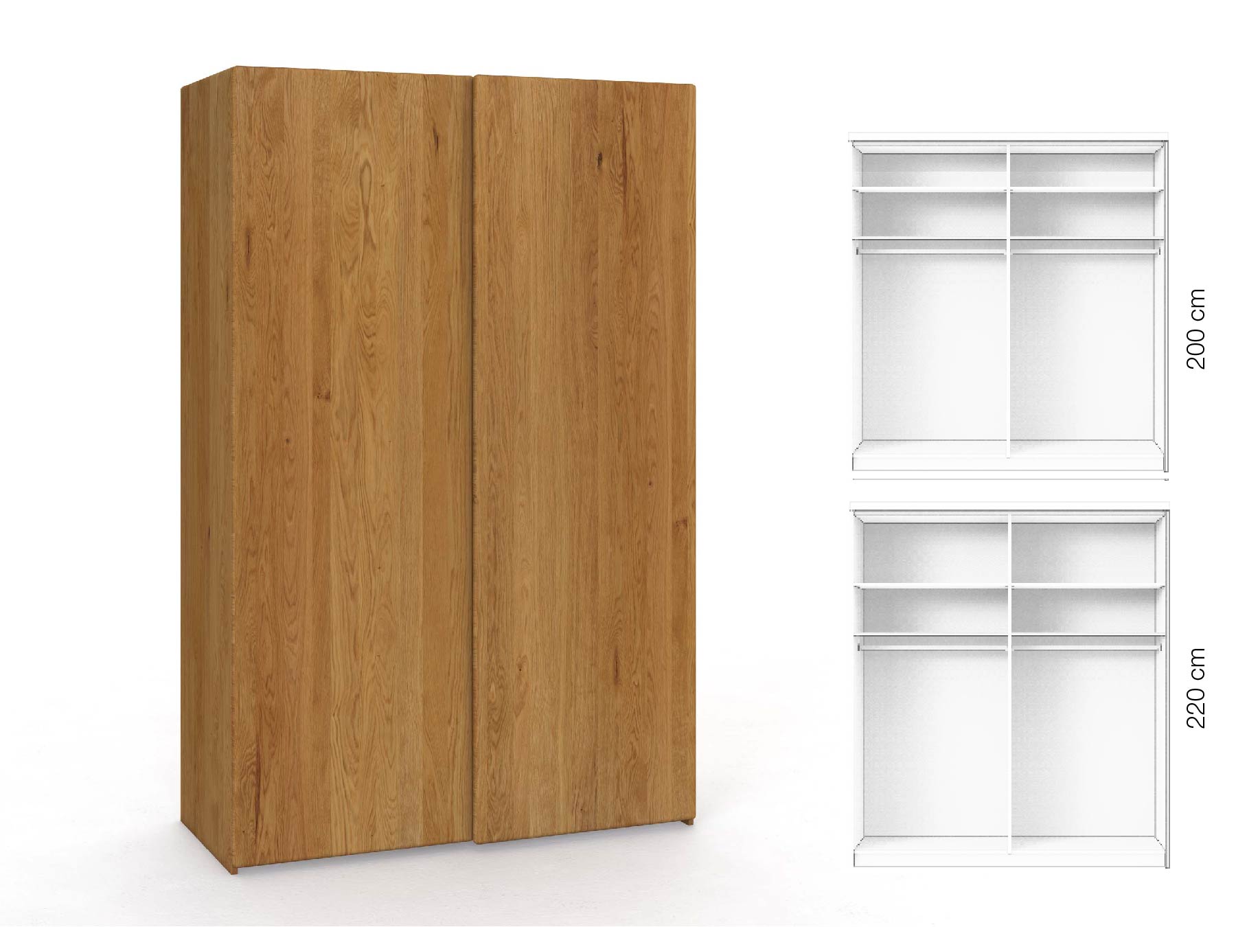 Eichenschrank „Viktor", 2-türig, Höhe 220 cm, Inneneinrichtung: A, Grifflos
