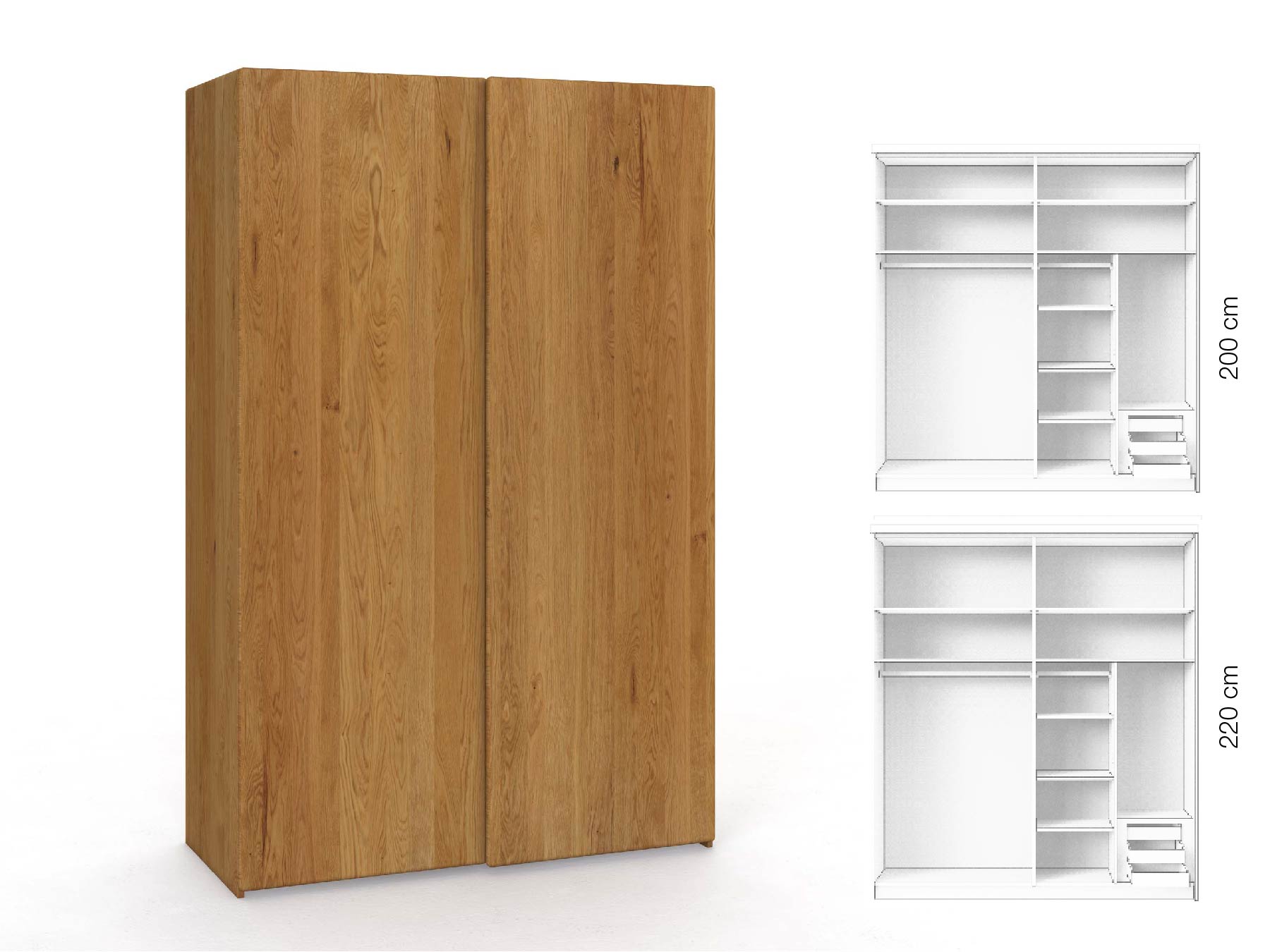 Eichenschrank „Viktor", 2-türig, Höhe 220 cm, Inneneinrichtung: C, Grifflos