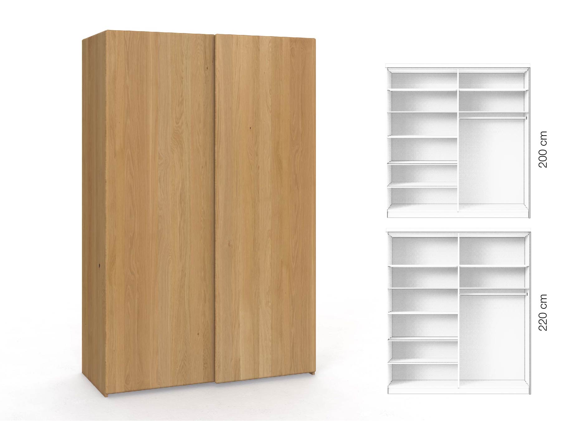 Eichenschrank Hell „Viktor", 2-türig, Höhe 220 cm, Inneneinrichtung: B, Grifflos