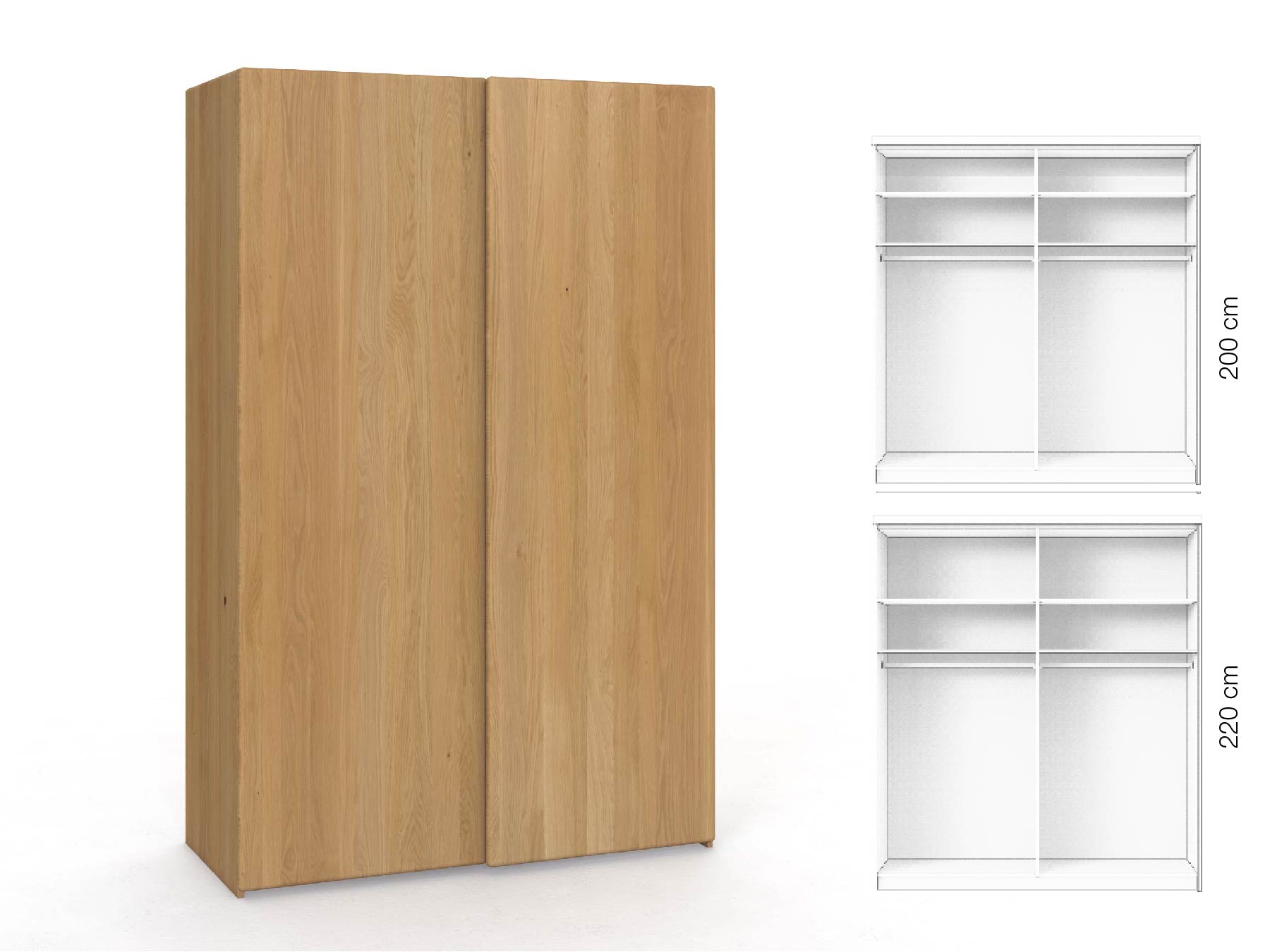 Eichenschrank Hell „Viktor", 2-türig, Höhe 220 cm, Inneneinrichtung: A, Grifflos