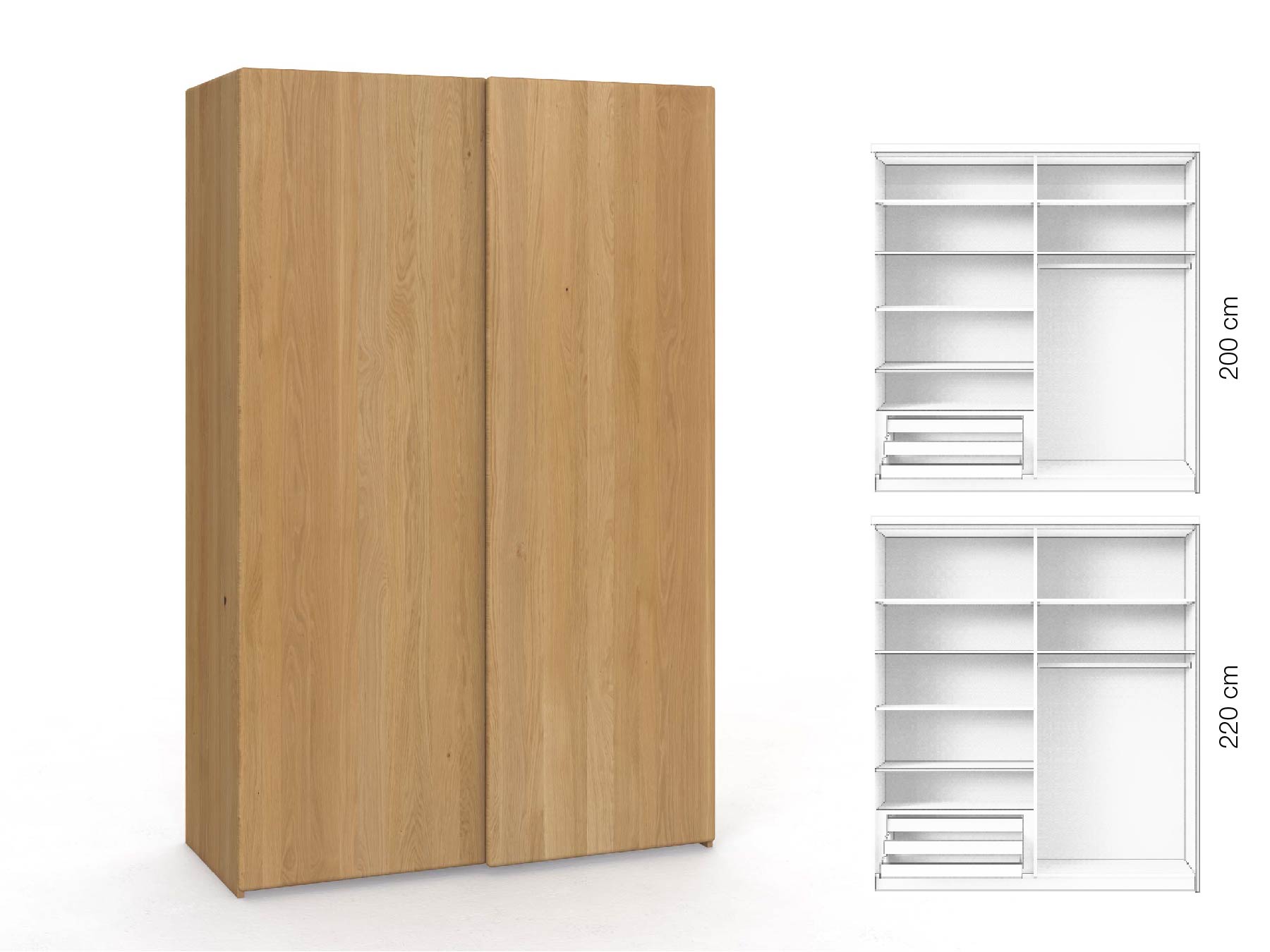 Eichenschrank Hell „Viktor", 2-türig, Höhe 220 cm, Inneneinrichtung: D, Grifflos