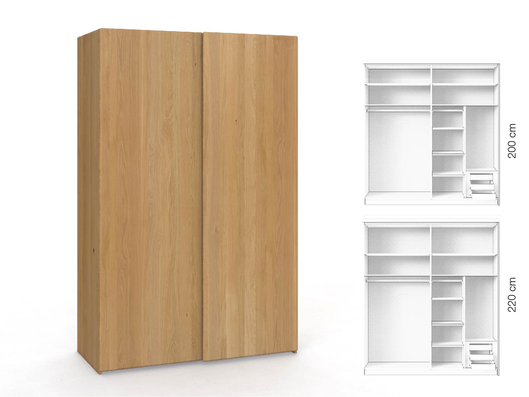 Eichenschrank Hell „Viktor", 2-türig, Höhe 220 cm, Inneneinrichtung: C, Grifflos