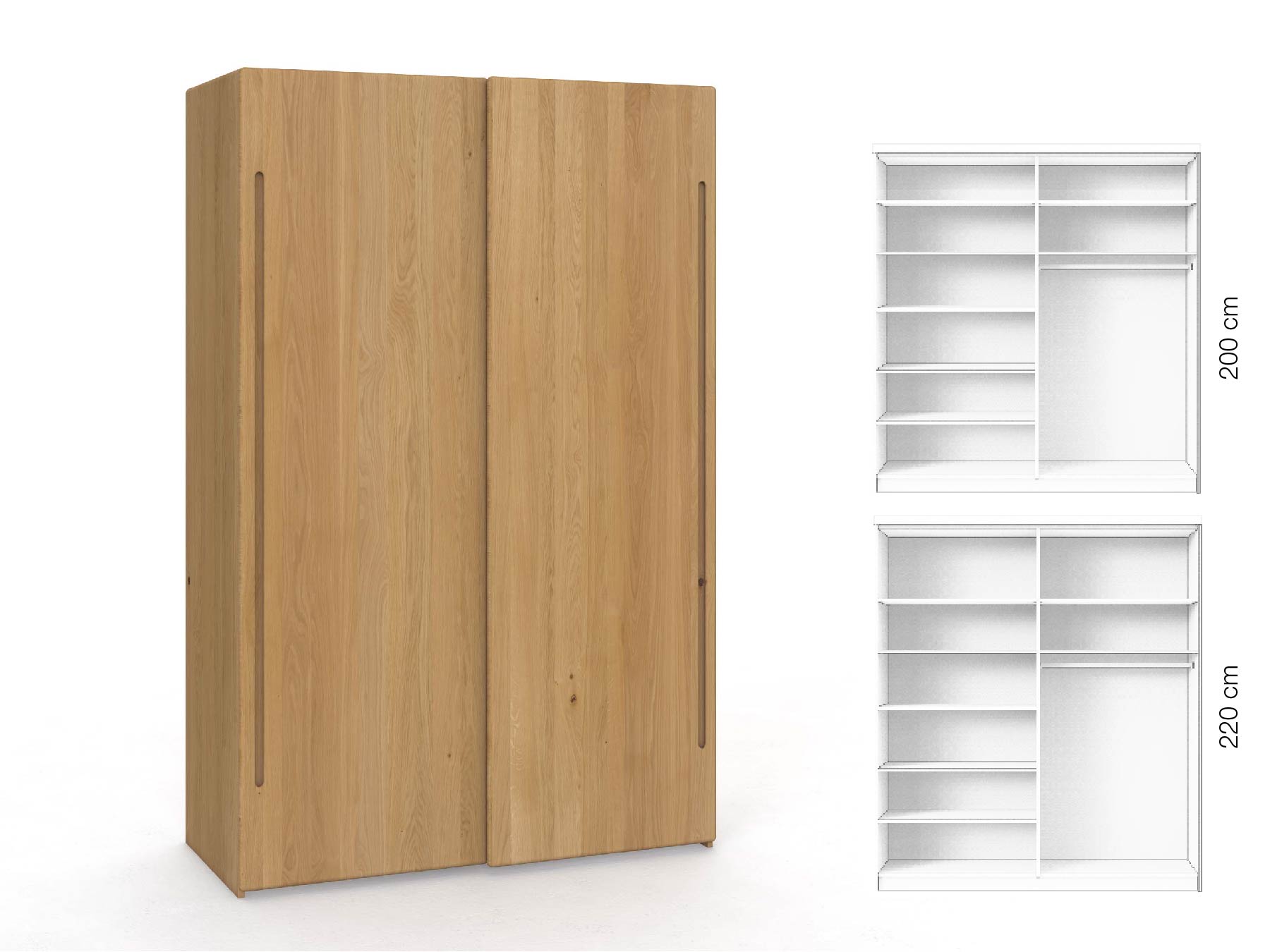 Eichenschrank Hell „Viktor", 2-türig, Höhe 220 cm, Inneneinrichtung: B, Griff C