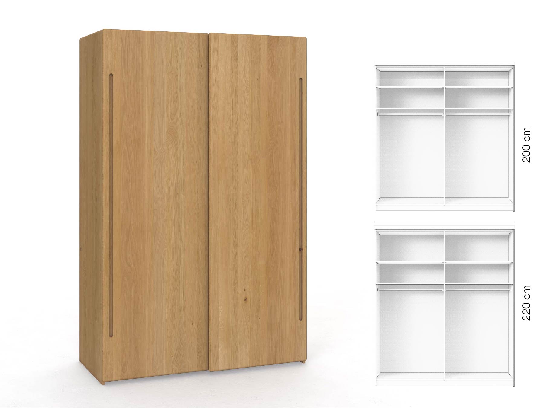 Eichenschrank Hell „Viktor", 2-türig, Höhe 220 cm, Inneneinrichtung: A, Griff C