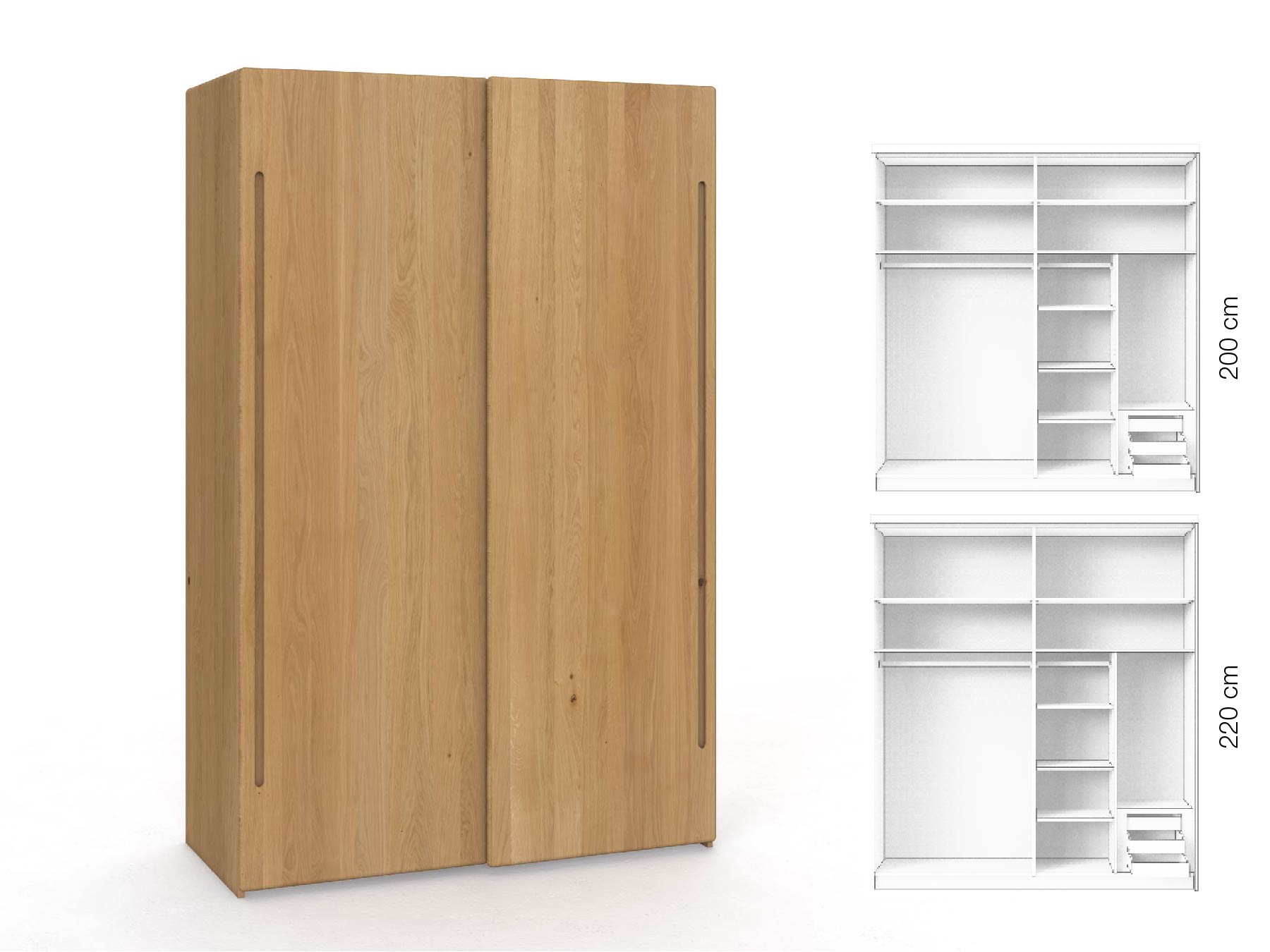 Eichenschrank Hell „Viktor", 2-türig, Höhe 220 cm, Inneneinrichtung: C, Griff C
