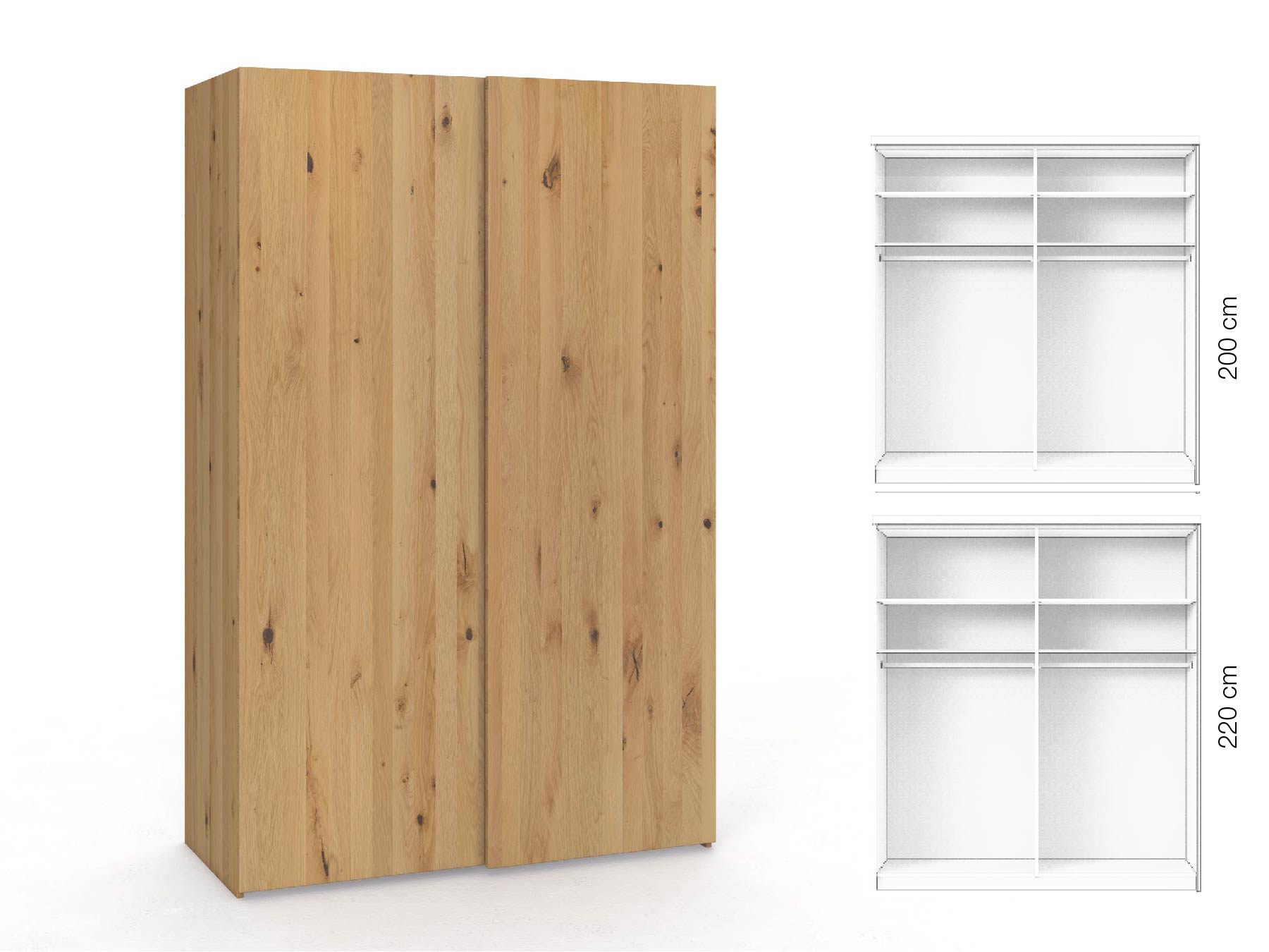 Wildeichenschrank Hell „Ludwig", 2-türig, Höhe 220 cm, Inneneinrichtung: A, Grifflos