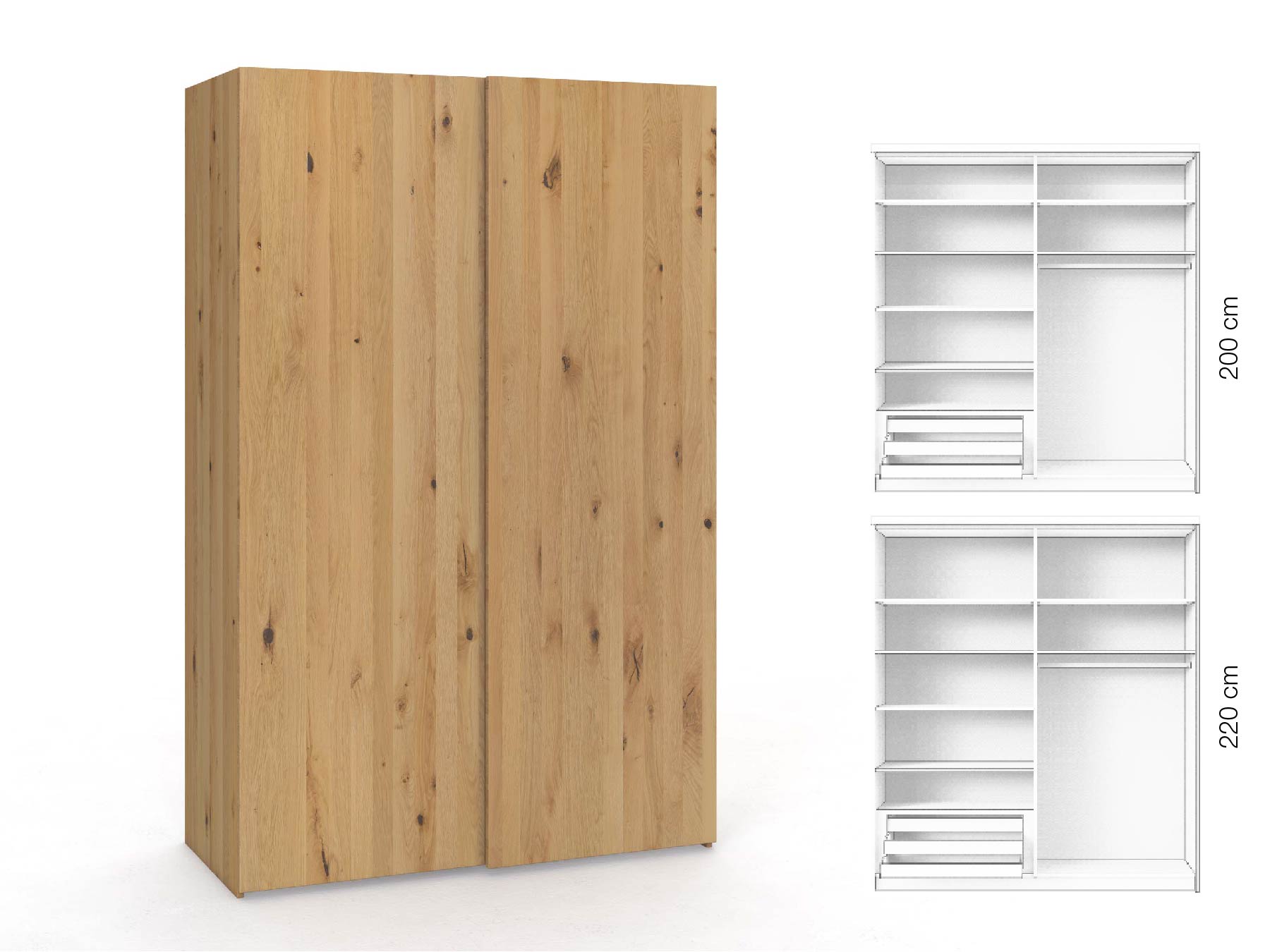 Wildeichenschrank Hell „Ludwig", 2-türig, Höhe 220 cm, Inneneinrichtung: D, Grifflos