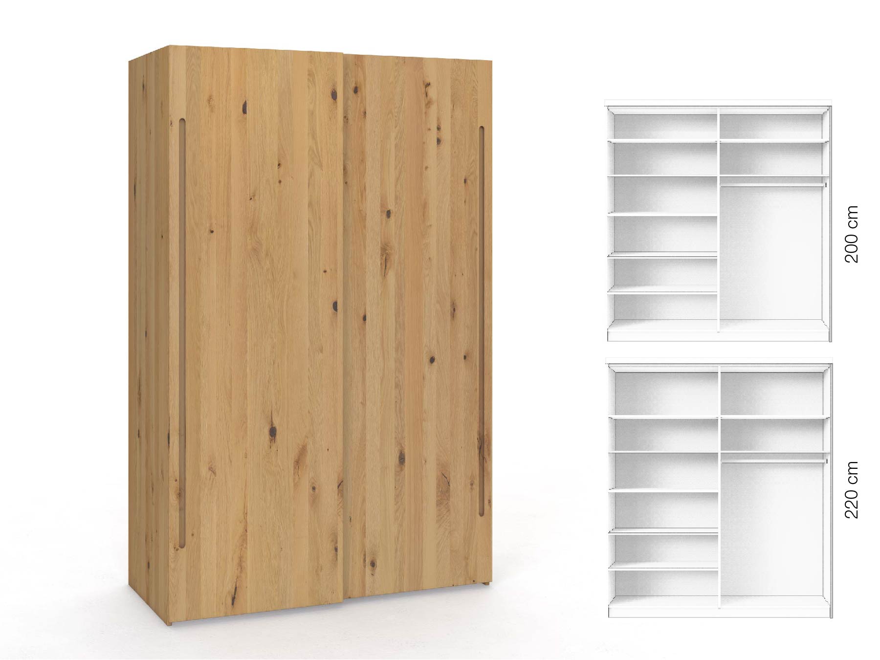 Wildeichenschrank Hell „Ludwig", 2-türig, Höhe 220 cm, Inneneinrichtung: B, Griff C