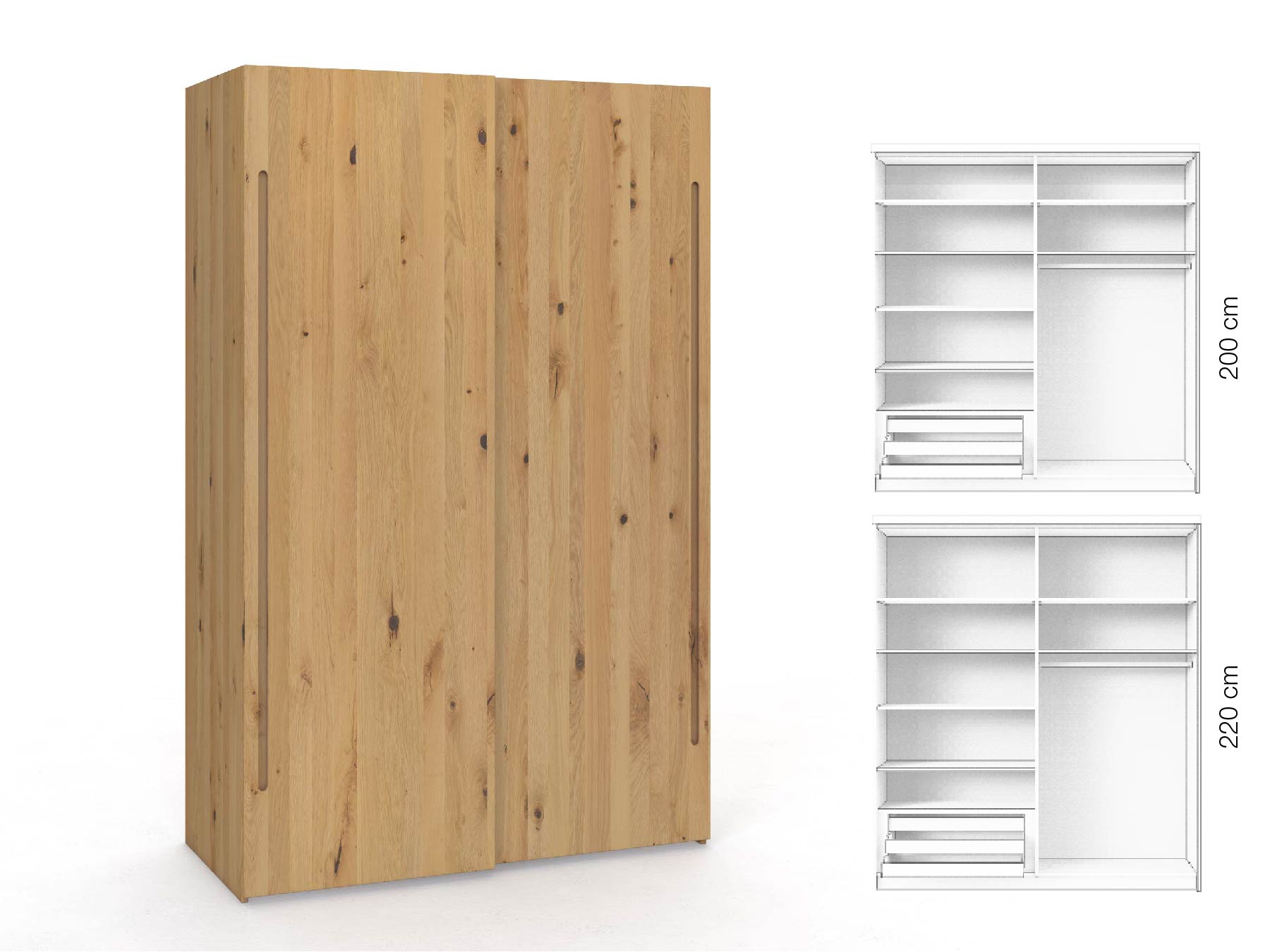 Wildeichenschrank Hell „Ludwig", 2-türig, Höhe 220 cm, Inneneinrichtung: D, Griff C