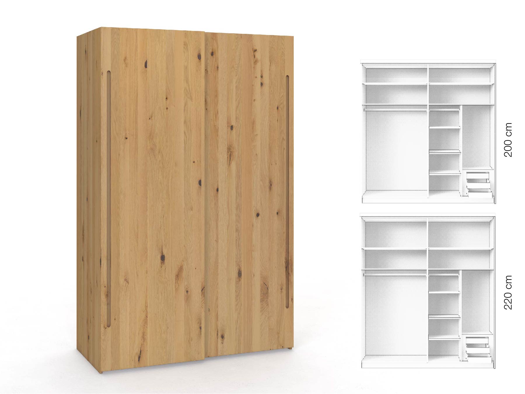 Wildeichenschrank Hell „Ludwig", 2-türig, Höhe 220 cm, Inneneinrichtung: C, Griff C