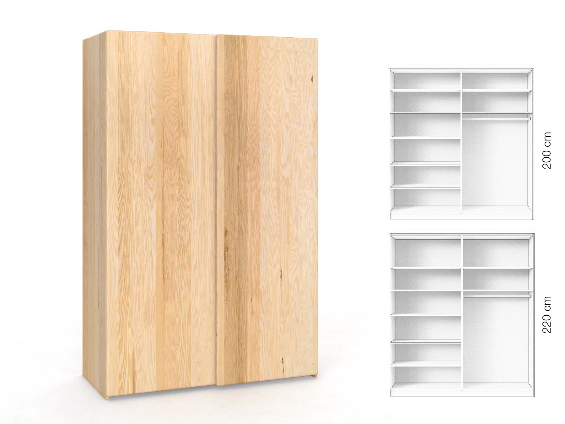 Eschenschrank „Viktor", 2-türig, Höhe 220 cm, Inneneinrichtung: B, Grifflos
