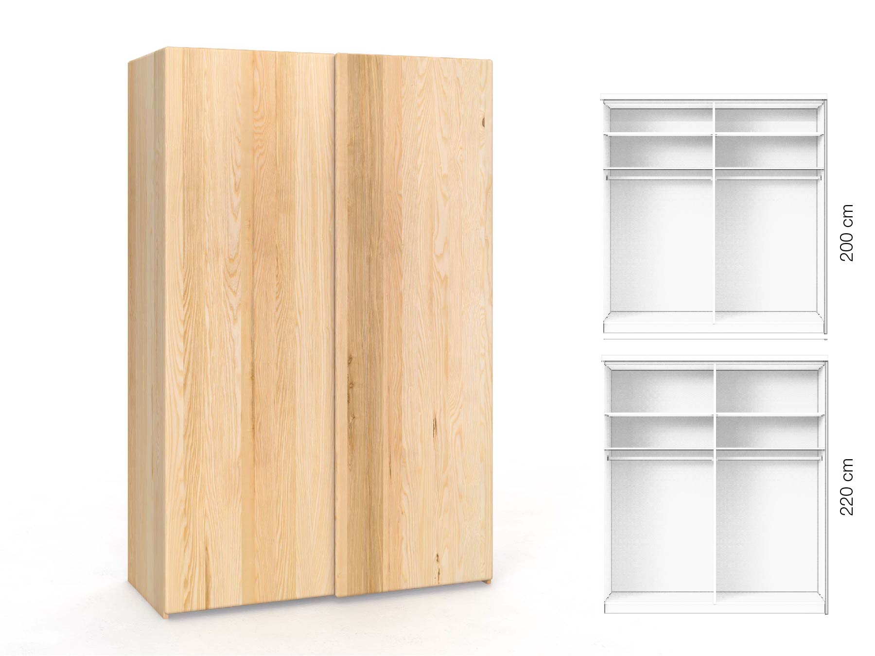 Eschenschrank „Viktor", 2-türig, Höhe 220 cm, Inneneinrichtung: A, Grifflos
