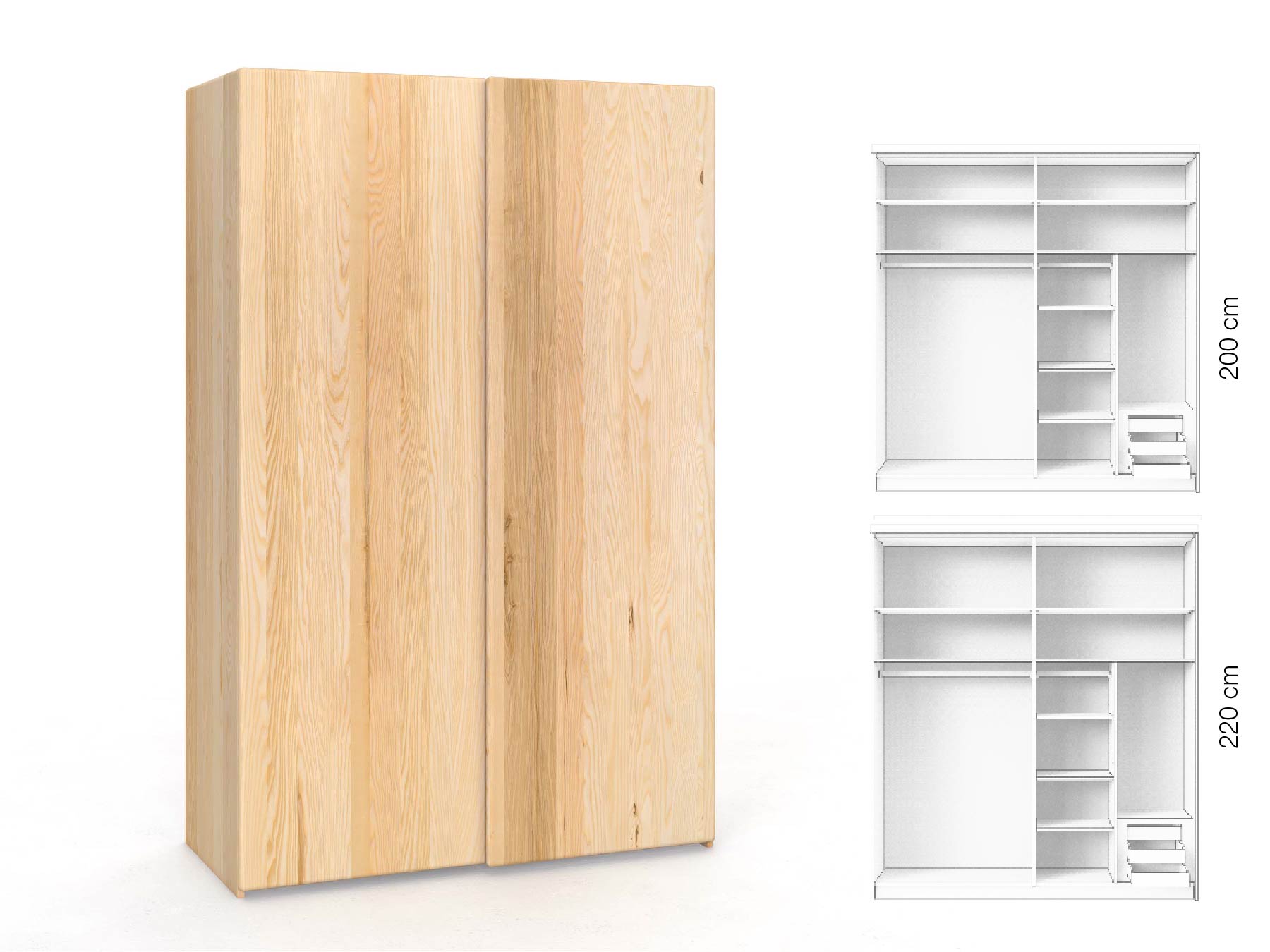 Eschenschrank „Viktor", 2-türig, Höhe 220 cm, Inneneinrichtung: C, Grifflos