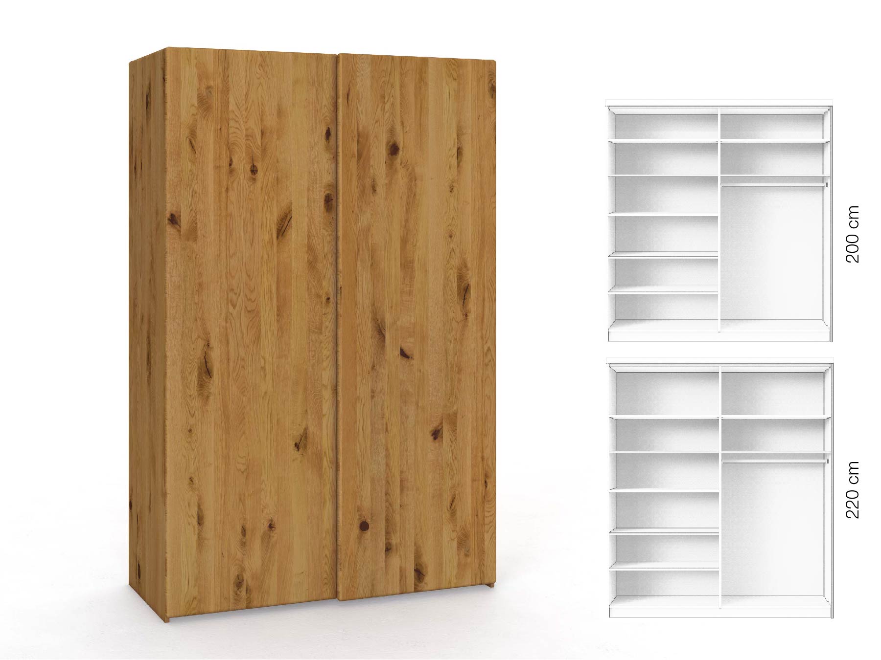 Wildeichenschrank „Viktor", 2-türig, Höhe 220 cm, Inneneinrichtung: B, Grifflos