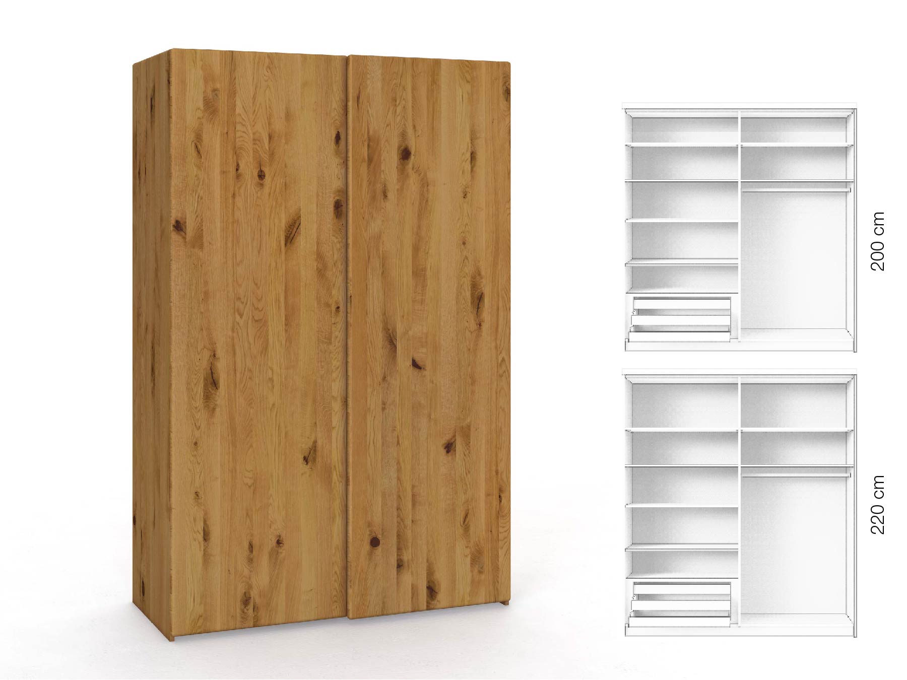 Wildeichenschrank „Viktor", 2-türig, Höhe 220 cm, Inneneinrichtung: D, Grifflos